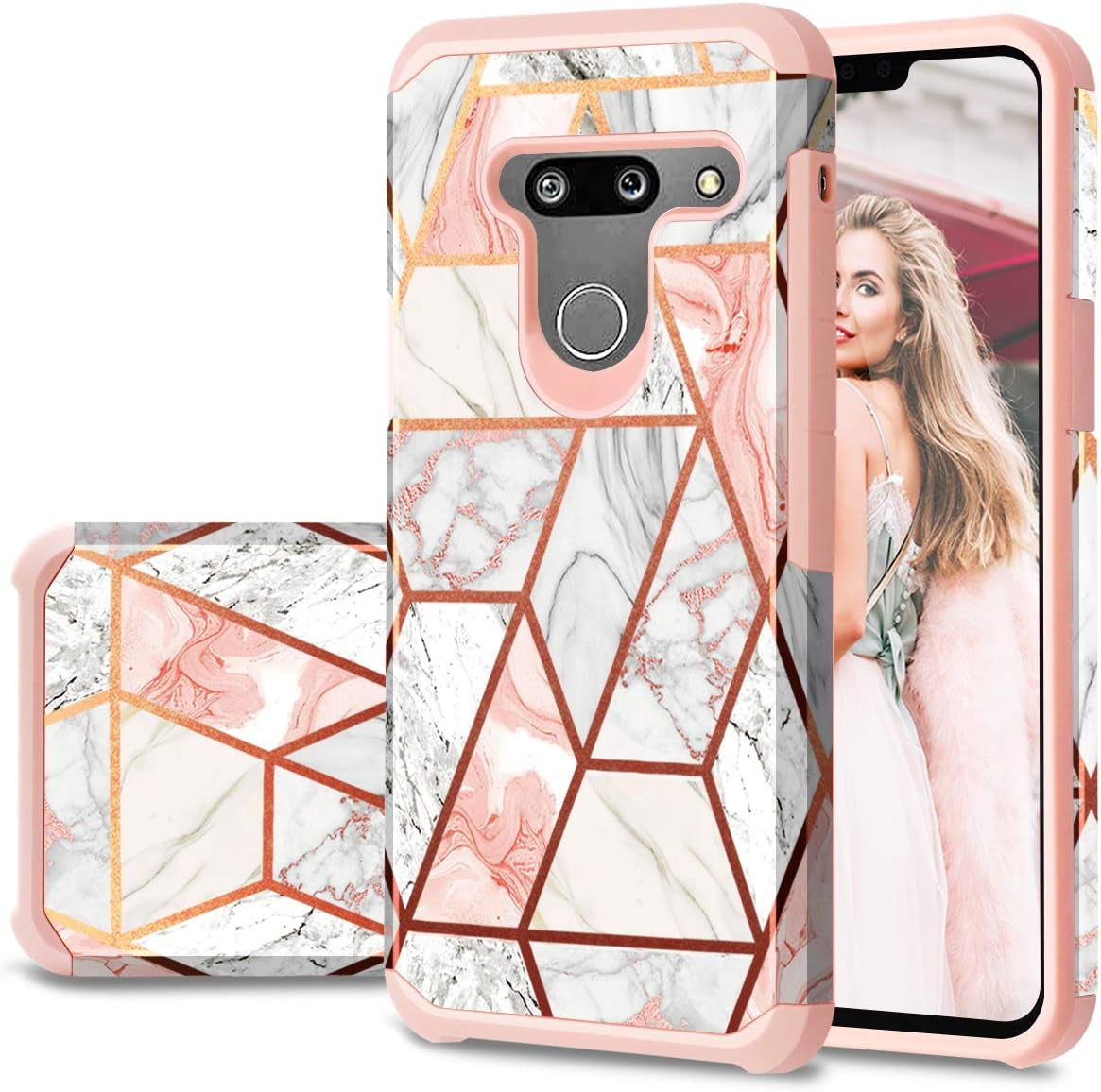 Fingic Compatible with LG G8 Thinq Case Rose Gold Marble Design Shiny Glitter Bumper Hybrid Hard PC Soft Rubber Silicone Cover Anti-Scratch Shockproof Protective Case 6.1 Inch 2019, Rose Gold  Fingic   