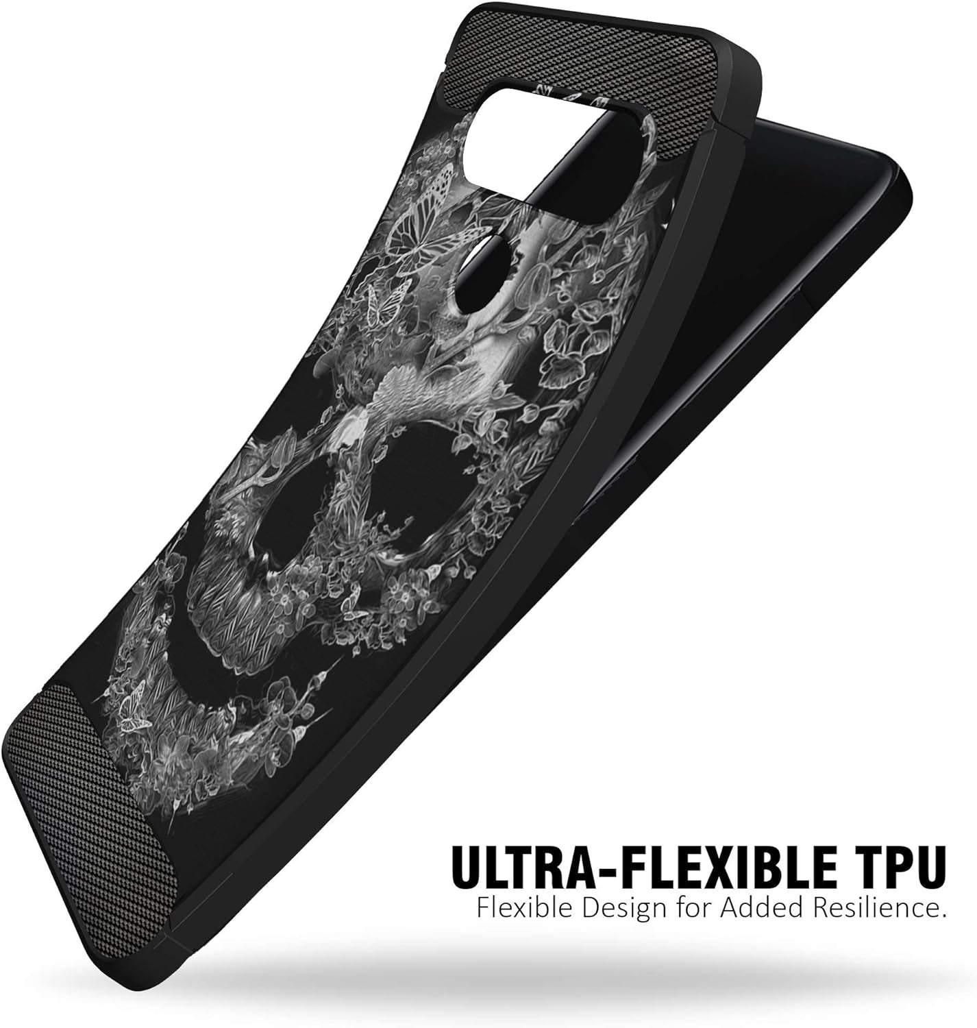 Casesondeck Slim Case Compatible with [LG V40 Thinq] Thin Scratch Preventing TPU, Matte Finish Carbon Fiber Texture Edges (Flower Skull)  CasesonDeck   