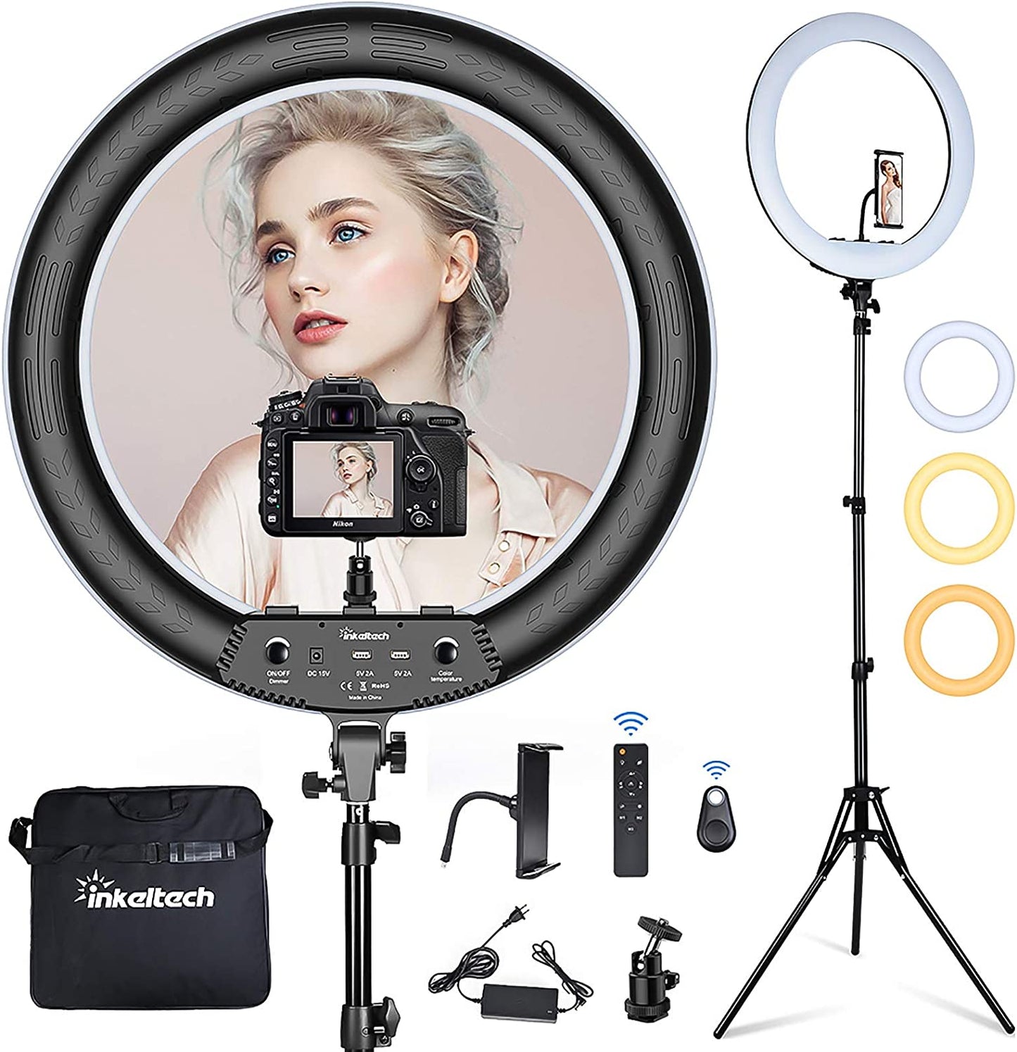 Inkeltech 21Inch Ring Light with Tripod and Phone Holder, 3000K-6000K Dimmable Bi-Color LED Light Ring for Makeup, Selfie, Vlog, Youtube Video, Camera - Control with Remote  Inkeltech   