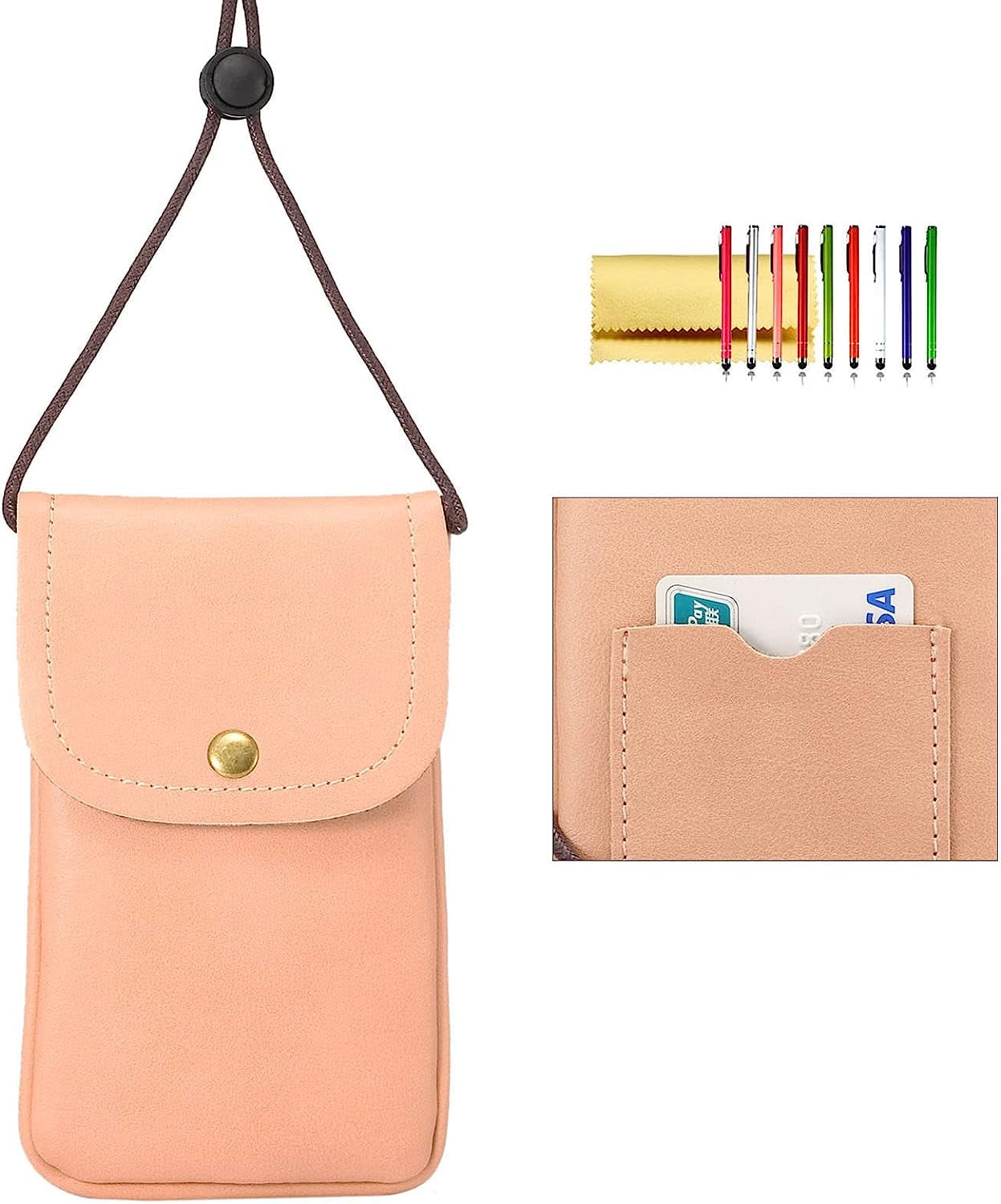 Techcircle Small Cell Phone Purse, Synthetic Leather Crossbody Bag Dual Pockets Card Holder Neck Pouch with Adjustable Strap for Iphone X Xr 8 7 6S Plus, Galaxy S10 S9 S8 Plus, LG G8 Thinq, Black  Techcircle 01 Pink  