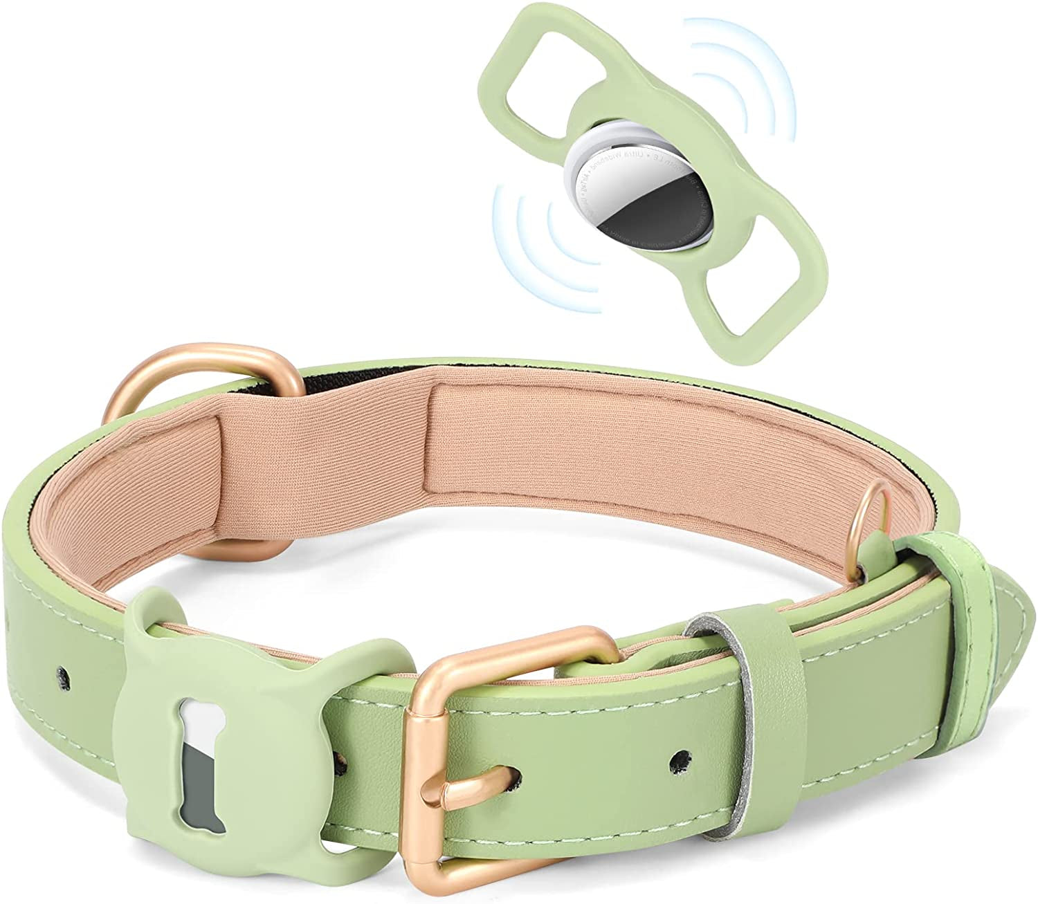 WHIPPY Airtag Leather Dog Collar GPS Tracker Air Tag Puppy Collar Adjustable Soft Leather Padded Dog Collar with Airtag Holder Case for Small Medium Large Dog Pet Backpack,Pink,M  WHIPPY F-green+airtag case L:Neck 20"-23",Width1.18" 