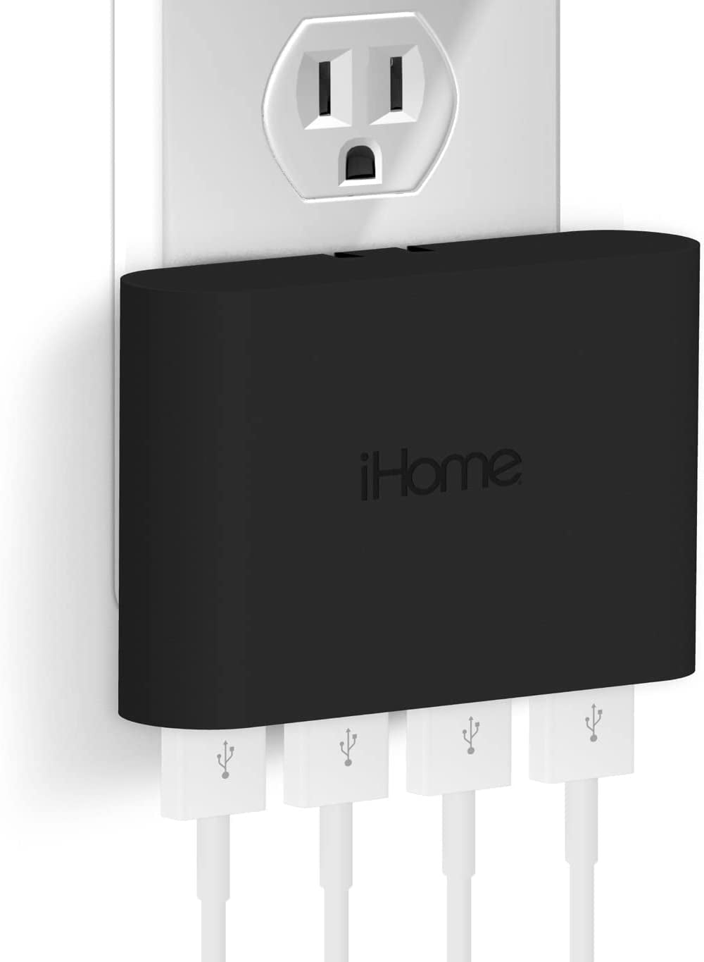 Ihome Slim USB Wall Charger: AC Pro Multiport USB Charger, USB Plug Adapter & Phone Charging Block, 4 USB Plugs for Wall Outlet, Flat 4 Port USB Charger & USB Wall Adapter  iHome by Lifeworks Technology Black 4 Port Rapid Charge 