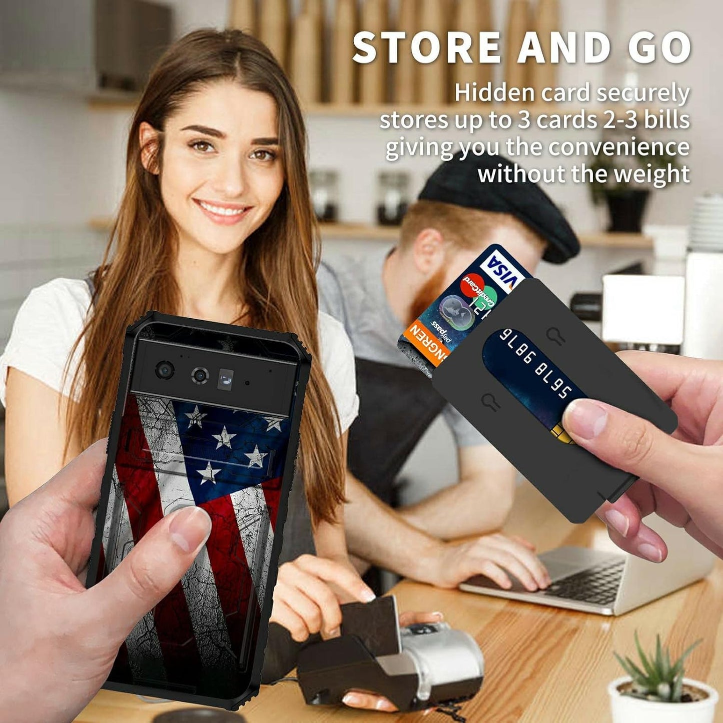 Case for Goole Pixel 6 Pro with Detachable Card Holder Slot Kickstand Hybrid Dual Layer Heavy Duty Shockproof Cover Hidden ID Cash Credit Wallet Case for Google Pixel 6 Pro 5G, Vintage American Flag  BVDIKMI   