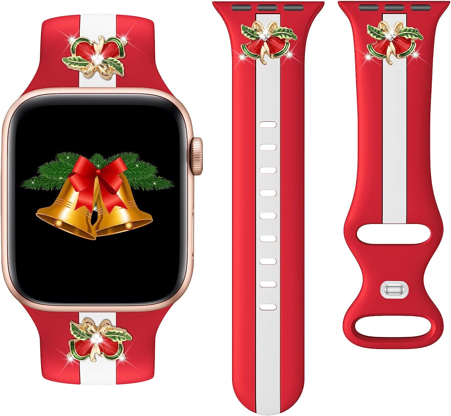 Designer Sport Band Compatible with Apple Watch Iwatch Bands 38Mm 40Mm 41Mm 42Mm 44Mm 45Mm 49Mm Men Women, Soft Silicone Strap Wristbands for Apple Watch Series 8/7/6/5/4/3/2/1/Se/Ultra  seizehe Red White with christmas bell charm 38mm/40mm/41mm 