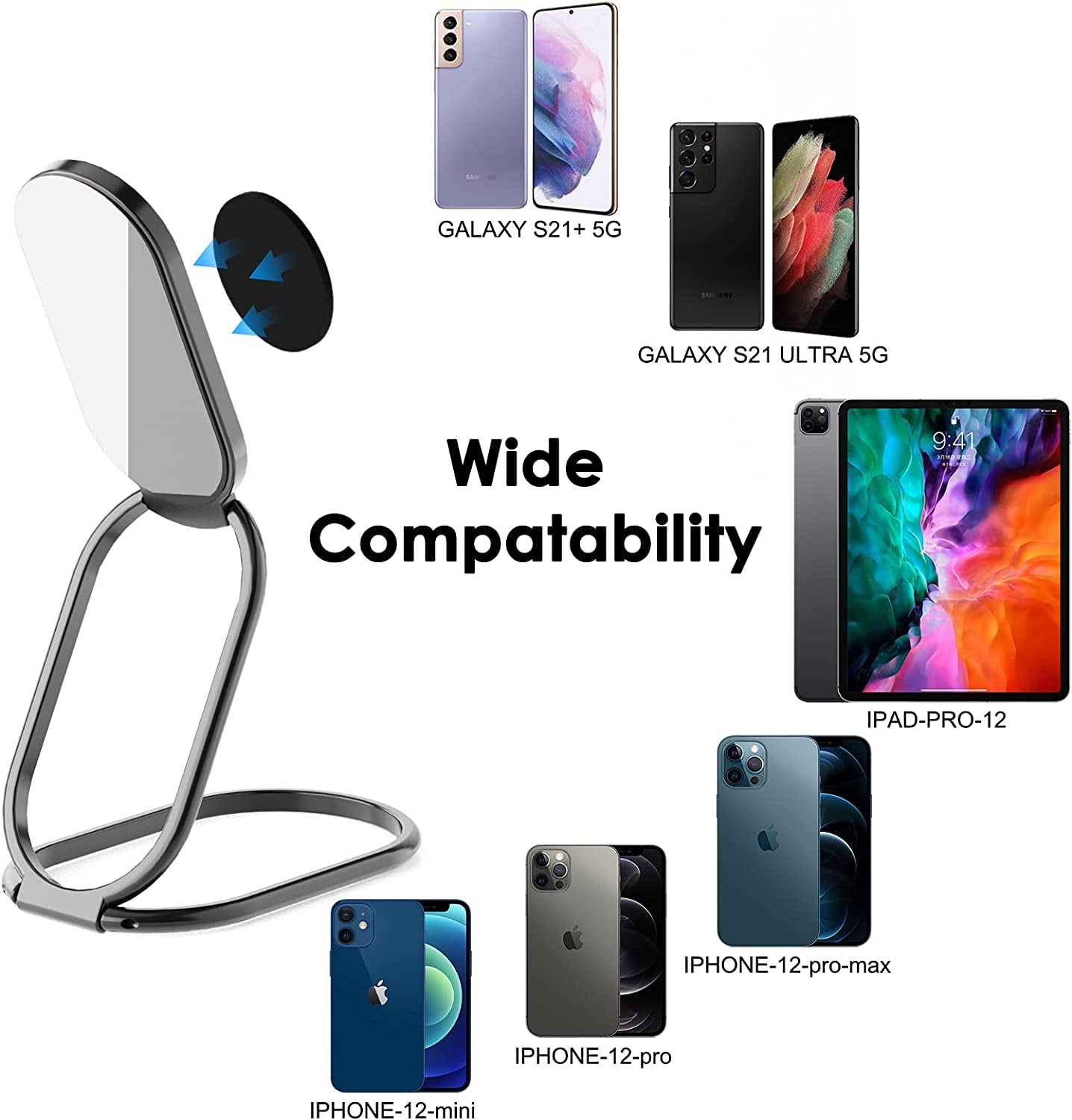 Phone Ring Holder Finger Kickstand, 360° Rotation Cell Phone Ring Holder Stand Metal Phone Back Grip for Magnetic Car Mount Foldable Cell Phone Stand Compatible with Most Smartphones  imeilee   