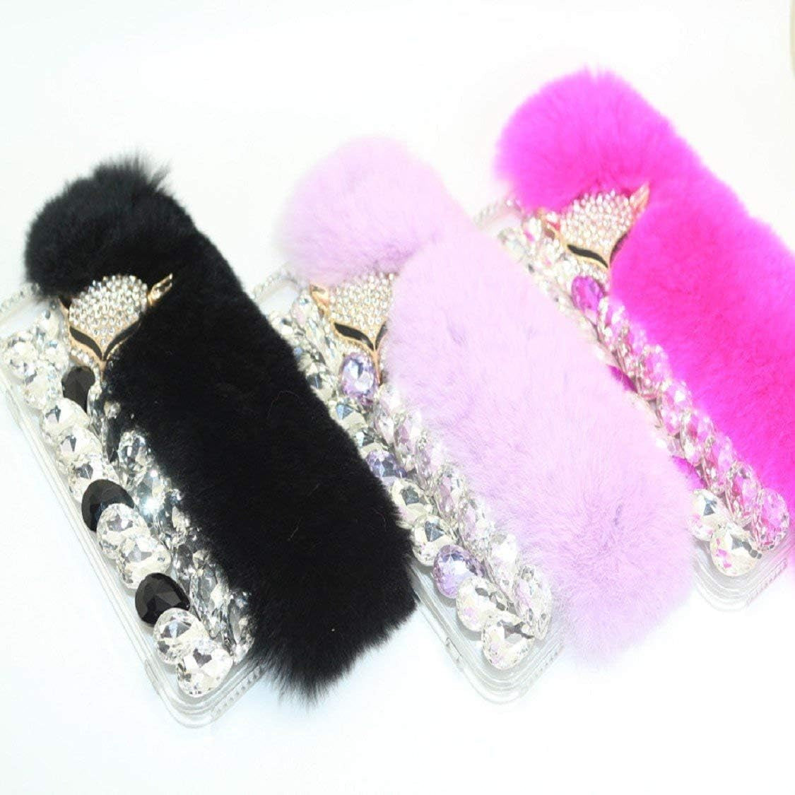 Case for LG G8 Thinq, 3D Handmade Luxury Fox Head Fluffy Rabbit Fur Sparkle Stunning Stones Crystal Rhinestone Bling Diamond Glitter Case for LG G8 Thinq (Q03)  RB-CASE   