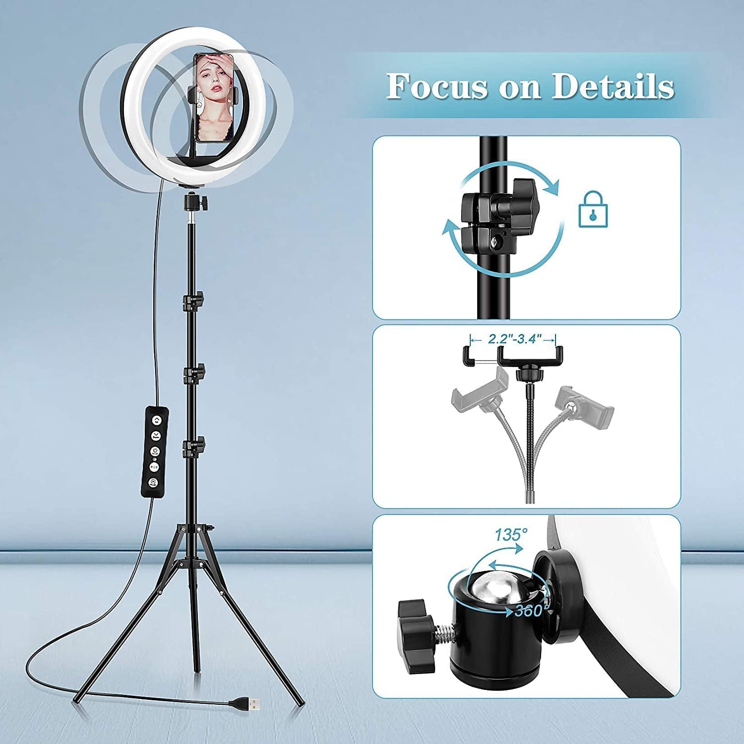 12.6'' Ring Light with Stand and Phone Holder: Totally 74" Tall Led Ringlight Tripod with 40 Color Modes, Floor and Desktop Stand with Circle Lights for Iphone Phone Makeup Video Meeting Live Stream  GerTong   