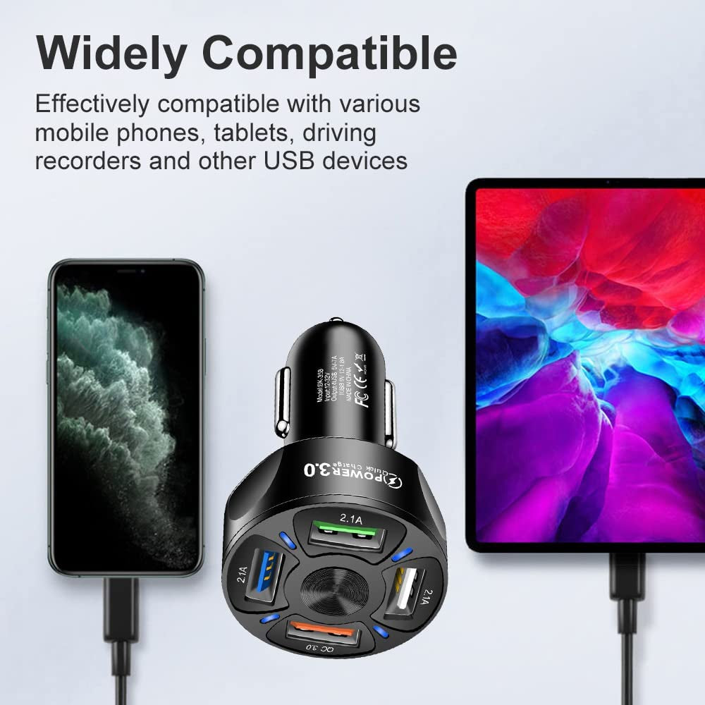 4-Port Car Charger Adapter,Qc3.0 Fast Charging with LED Light Display Cigarette Lighter USB Charger Compatible with Iphone 14 Pro MAX/13 Macbook Pro Ipad Pro Galaxy All Smart (Black)  Shenzhen Baixas Technology Co., Ltd   