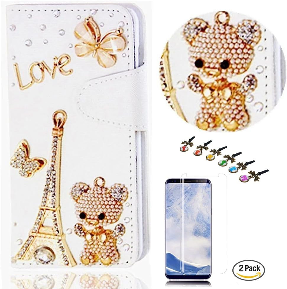 STENES LG V30 Case - STYLISH - 3D Handmade Crystal Leopard Flowers Design Wallet Credit Card Slots Fold Media Stand Leather Cover for LG V30 / LG V30 plus with Screen Protector - Gold  STENES Eiffel Tower Bear Butterfly / Gold  
