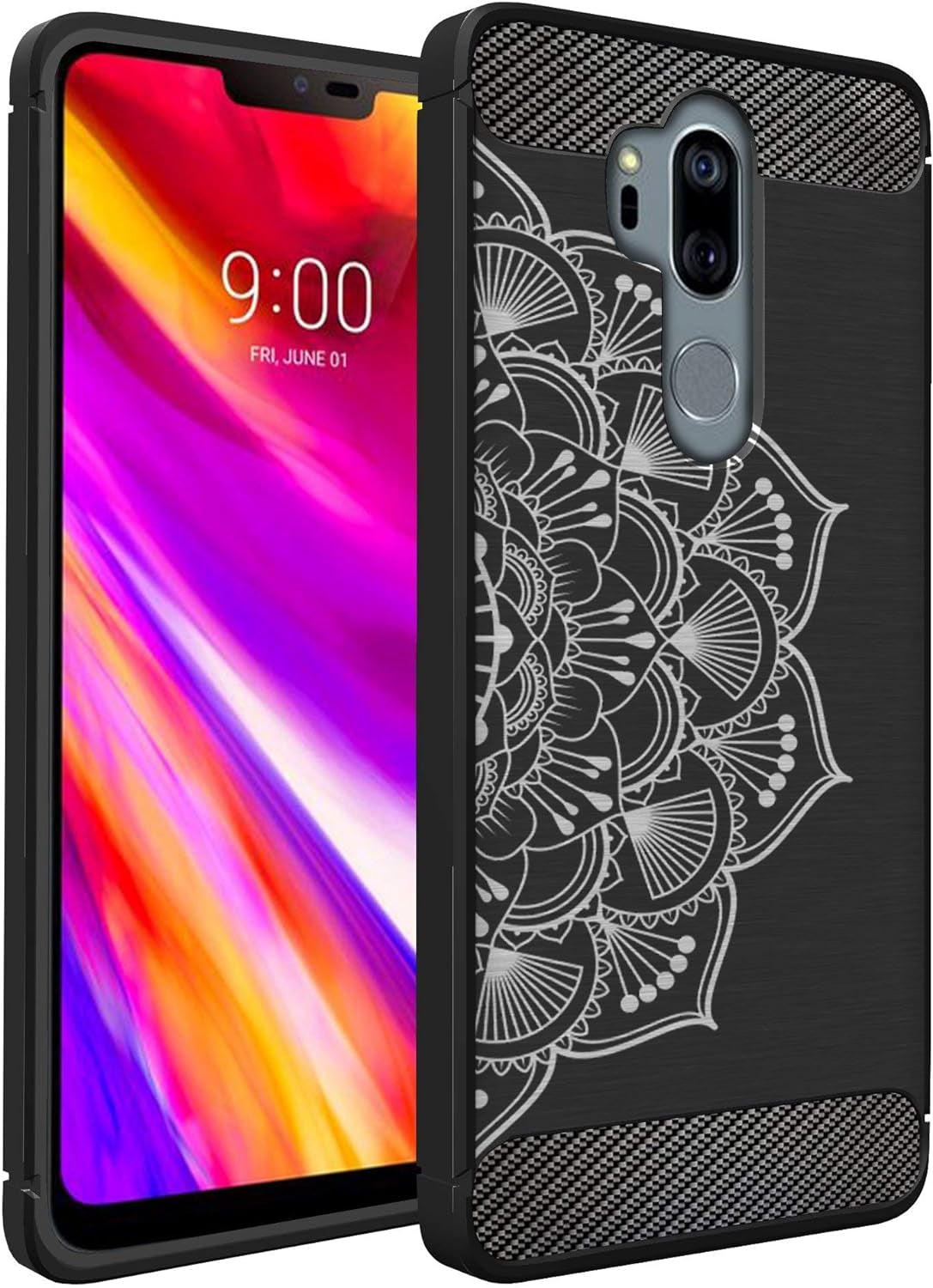 Casesondeck Case Compatible with [LG G7 / LG G7 Thinq] Tribal Floral Matte TPU Flexible Carbon Fiber Textured (Horse Tribal)  CasesonDeck Half Mandala  