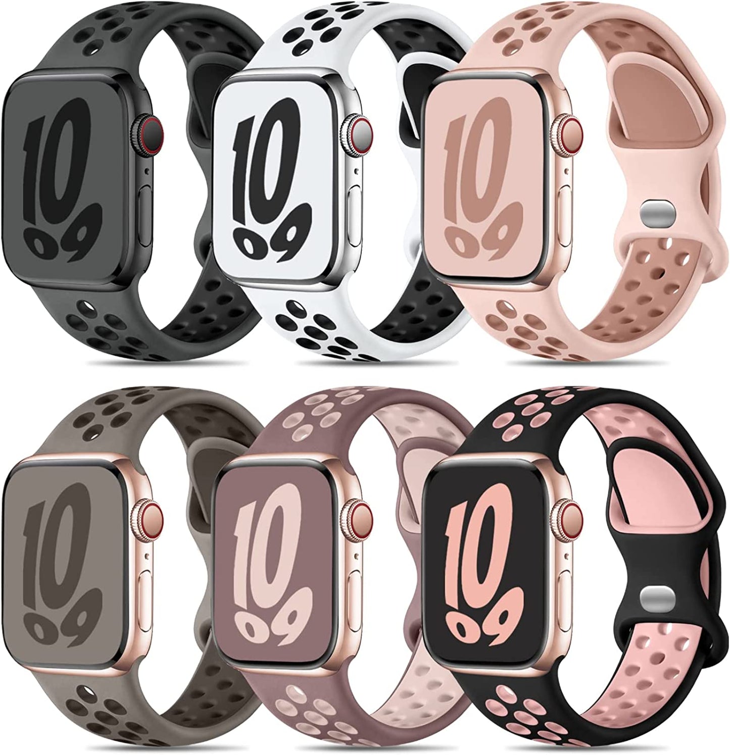 Keponew Sport Bands Compatible with Apple Watch 49Mm 45Mm 44Mm 42Mm 41Mm 40Mm 38Mm, 6 Pack Sport Breathable Soft Silicone Strap for Iwatch Ultra SE Series 8 7 6 5 4 3 2 1 Men Women  Keponew Smoke Pink/Black Pink/White Black/Pink/Anthracite Black/Olivegrey Coffeegrey 38mm/40mm/41mm 
