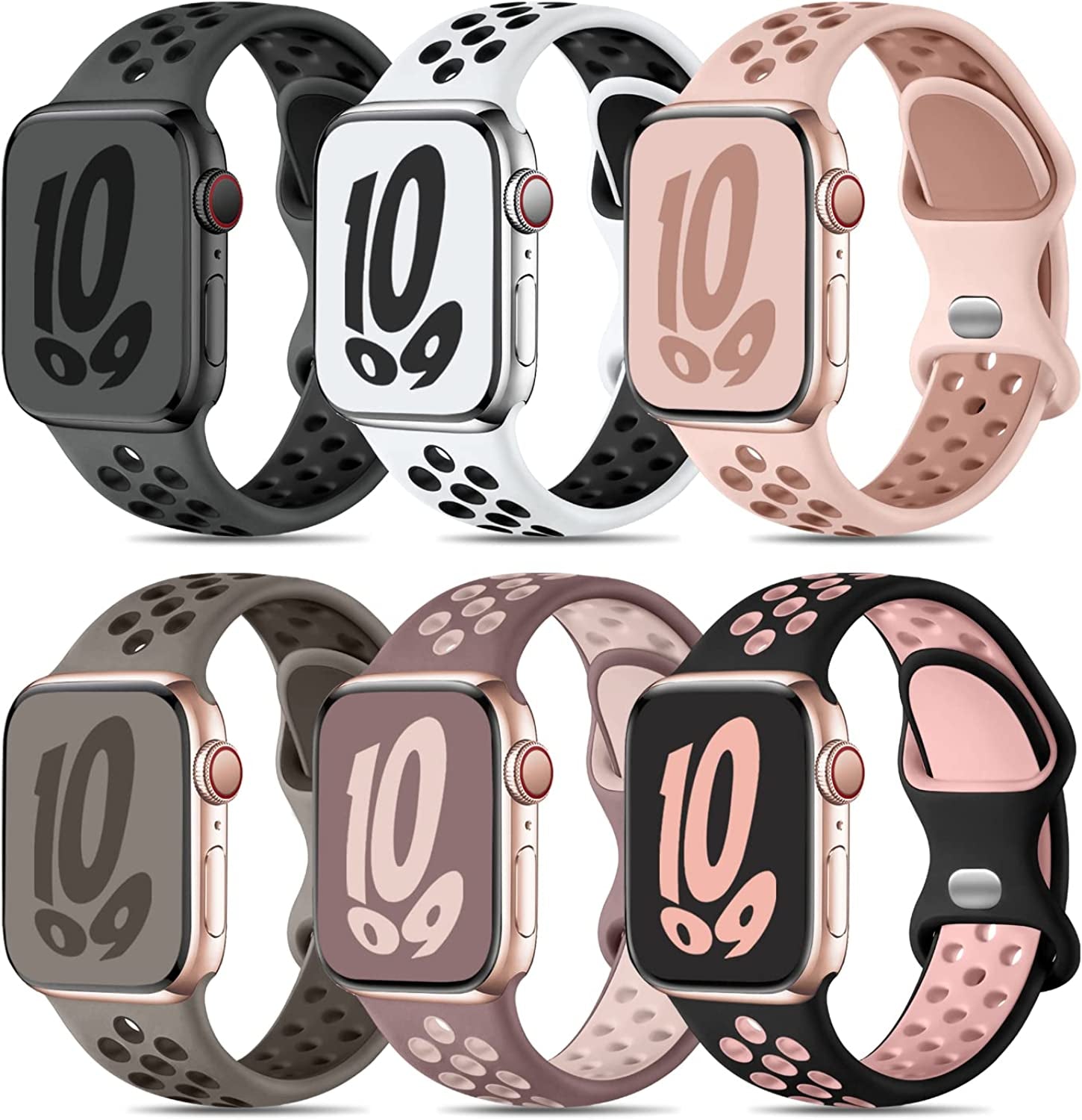 Keponew Sport Bands Compatible with Apple Watch 49Mm 45Mm 44Mm 42Mm 41Mm 40Mm 38Mm, 6 Pack Sport Breathable Soft Silicone Strap for Iwatch Ultra SE Series 8 7 6 5 4 3 2 1 Men Women  Keponew Smoke Pink/Black Pink/White Black/Pink/Anthracite Black/Olivegrey Coffeegrey 38mm/40mm/41mm 