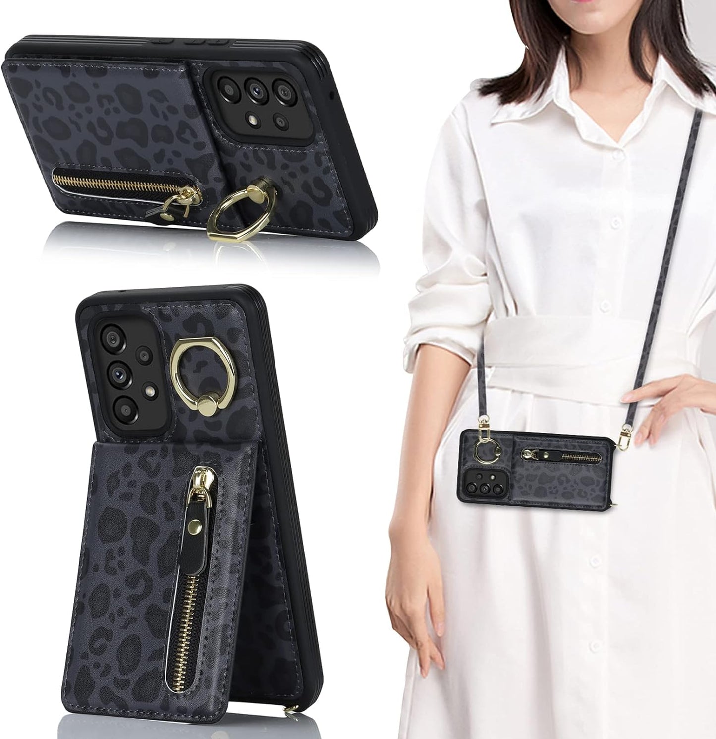 Jaorty Samsung Galaxy A53 5G Phone Case for Women with Card Holder,Samsung A53 Case Wallet Crossbody Lanyard with Strap,Credit Card Slots Kickstand Case with Ring Holder,6.5 Inch,Black Leopard  Jaorty   
