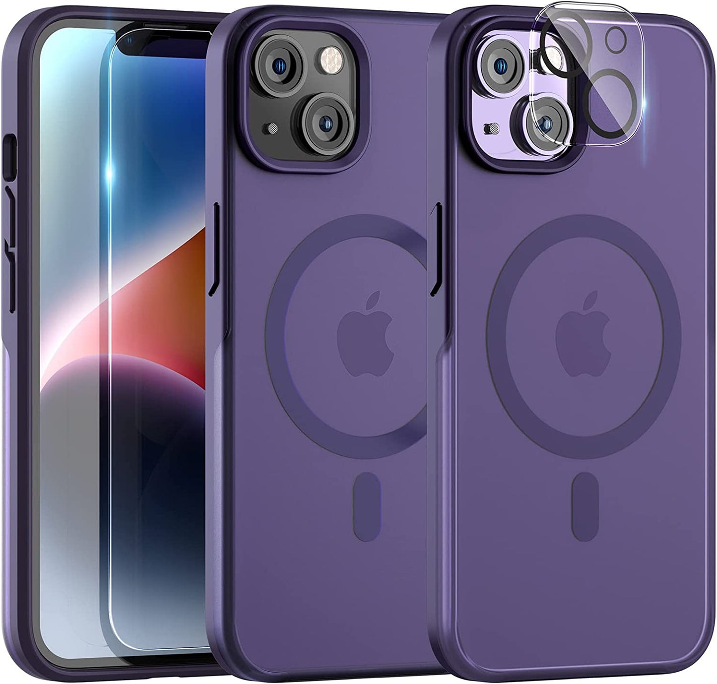 TAURI [5 in 1 Magnetic Case for Iphone 14 plus [Military Grade Drop Protection] with 2X Screen Protector +2X Camera Lens Protector, Translucent Matte Slim Fit Designed for Magsafe Case-Green  TAURI Purple Iphone 14 Plus 