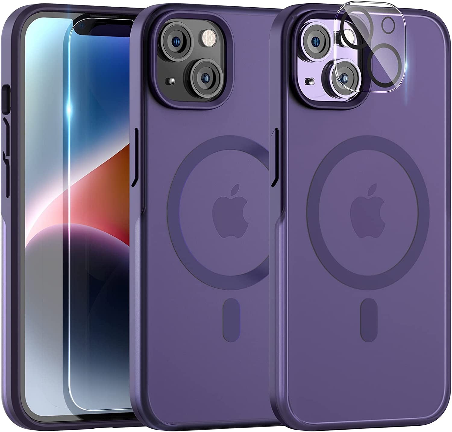 TAURI [5 in 1 Magnetic Case for Iphone 14 Pro [Military Grade Drop Protection] with 2X Screen Protector +2X Camera Lens Protector, Transparent Slim Fit Designed for Magsafe Case-Clear  TAURI Purple Iphone 14 Plus 