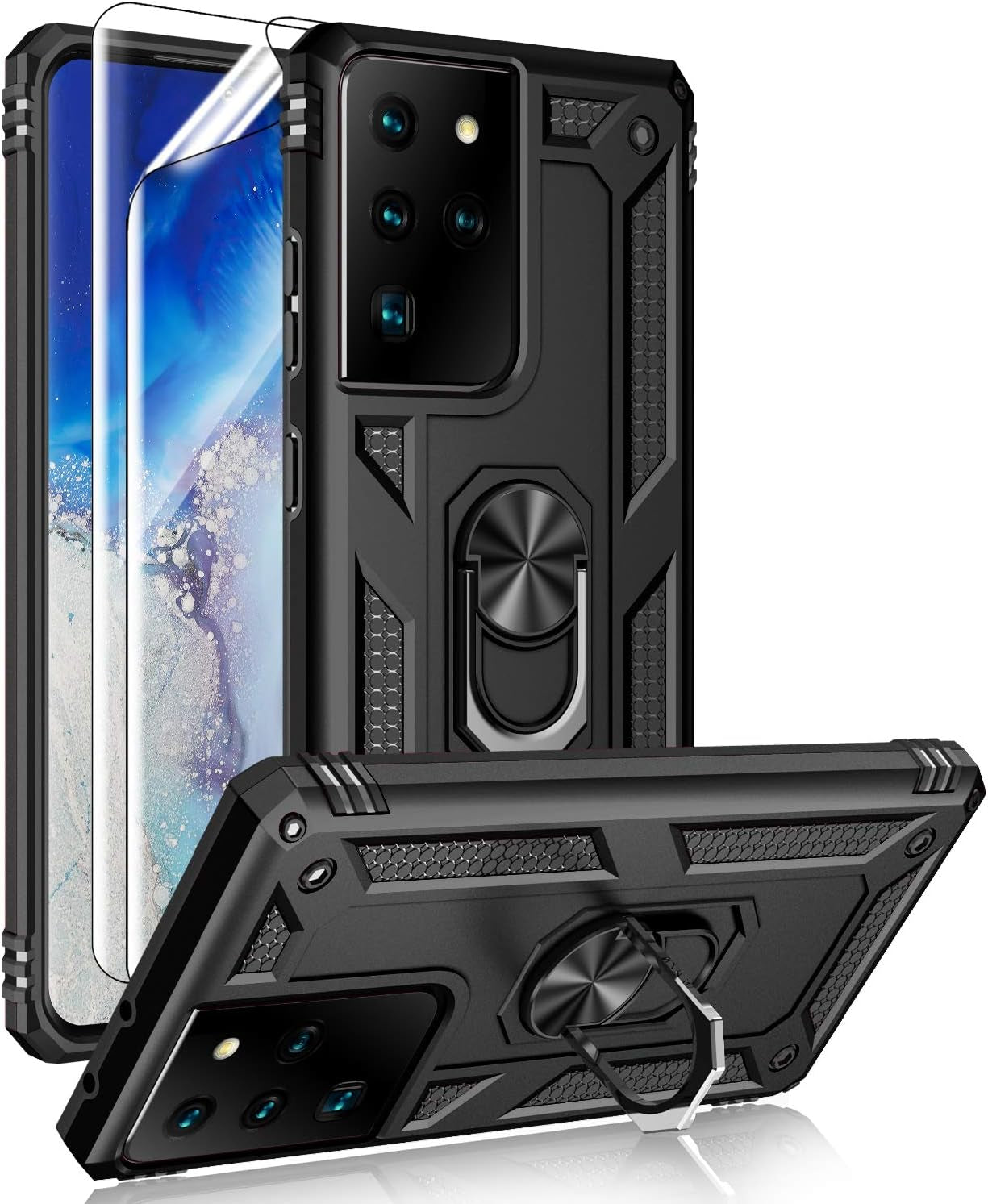 Samsung Galaxy S21 Ultra 5G Case with HD Screen Protectors, Androgate Military-Grade Metal Ring Holder Kickstand 15Ft Drop Tested Shockproof Cover Case for Samsung Galaxy S21 Ultra Black  E&M Tek   