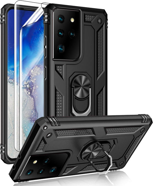 Samsung Galaxy S21 Ultra 5G Case with HD Screen Protectors, Androgate Military-Grade Metal Ring Holder Kickstand 15Ft Drop Tested Shockproof Cover Case for Samsung Galaxy S21 Ultra Black  E&M Tek   