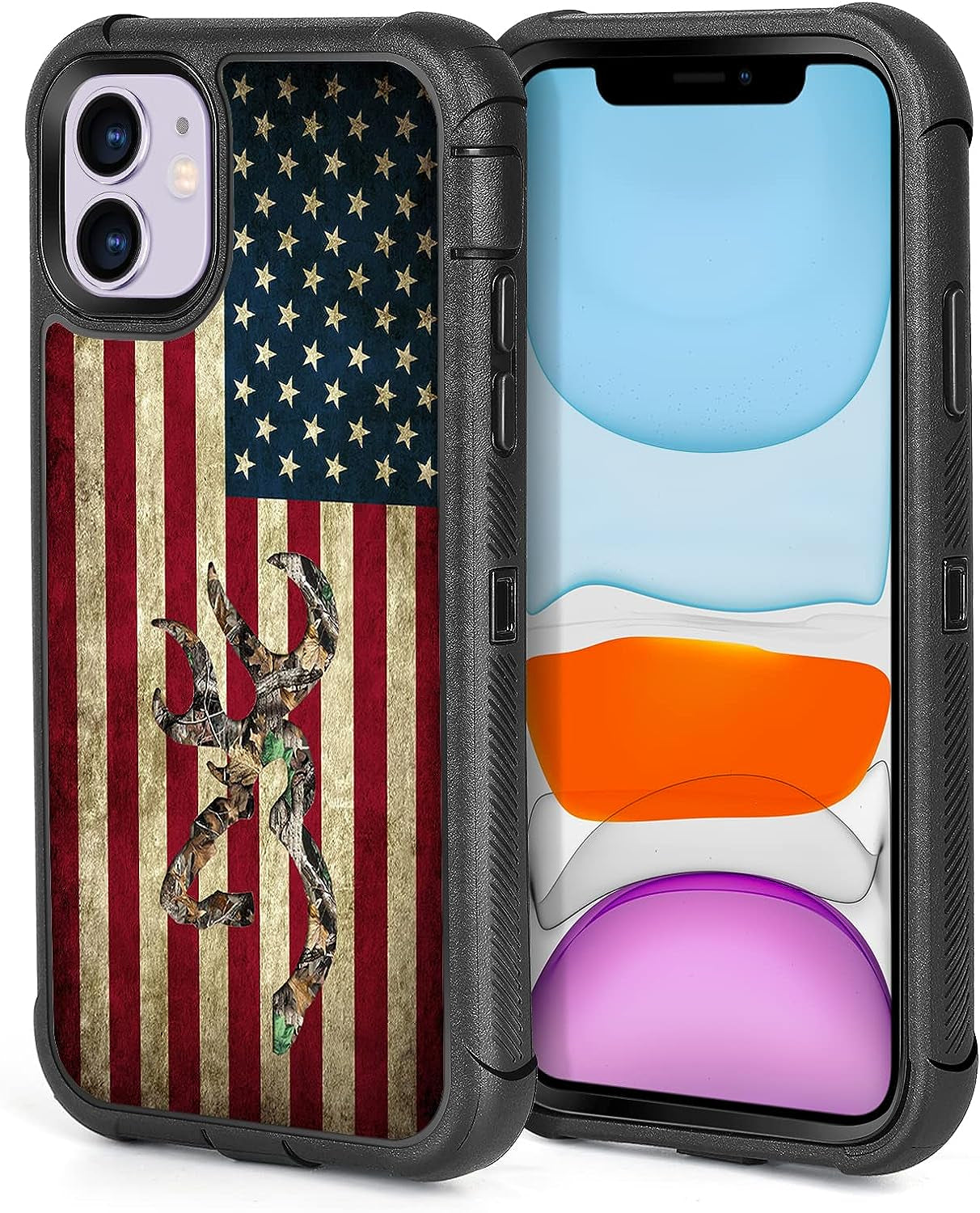 XWMHHP Compatible with Iphone 12 Case Iphone 12 Pro Case Dont Tread on Me American Flag Design for Men, 3-Layer Rugged Shockproof Hard Plastic Bumper +Soft Silicone Rubber Heavy Duty Protection Cover  XWMHHP Camo Leaf Deef American Flag Iphone 12/12 Pro 