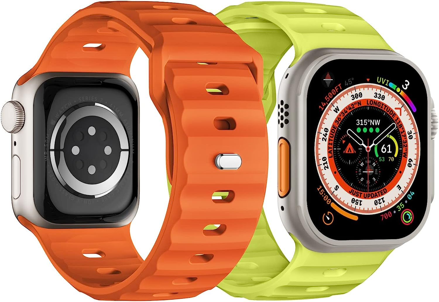 Sport Bands Compatible with Apple Watch Ultra Band 49Mm 45Mm 44Mm 42Mm for Men, Soft Silicone Wristbands Waterproof Replacement Strap for Iwatch Series 8 7 6 5 SE Ultra, 2 Packs  Suitisbest Bright Green/Orange 49mm/45mm/44mm/42mm Large 