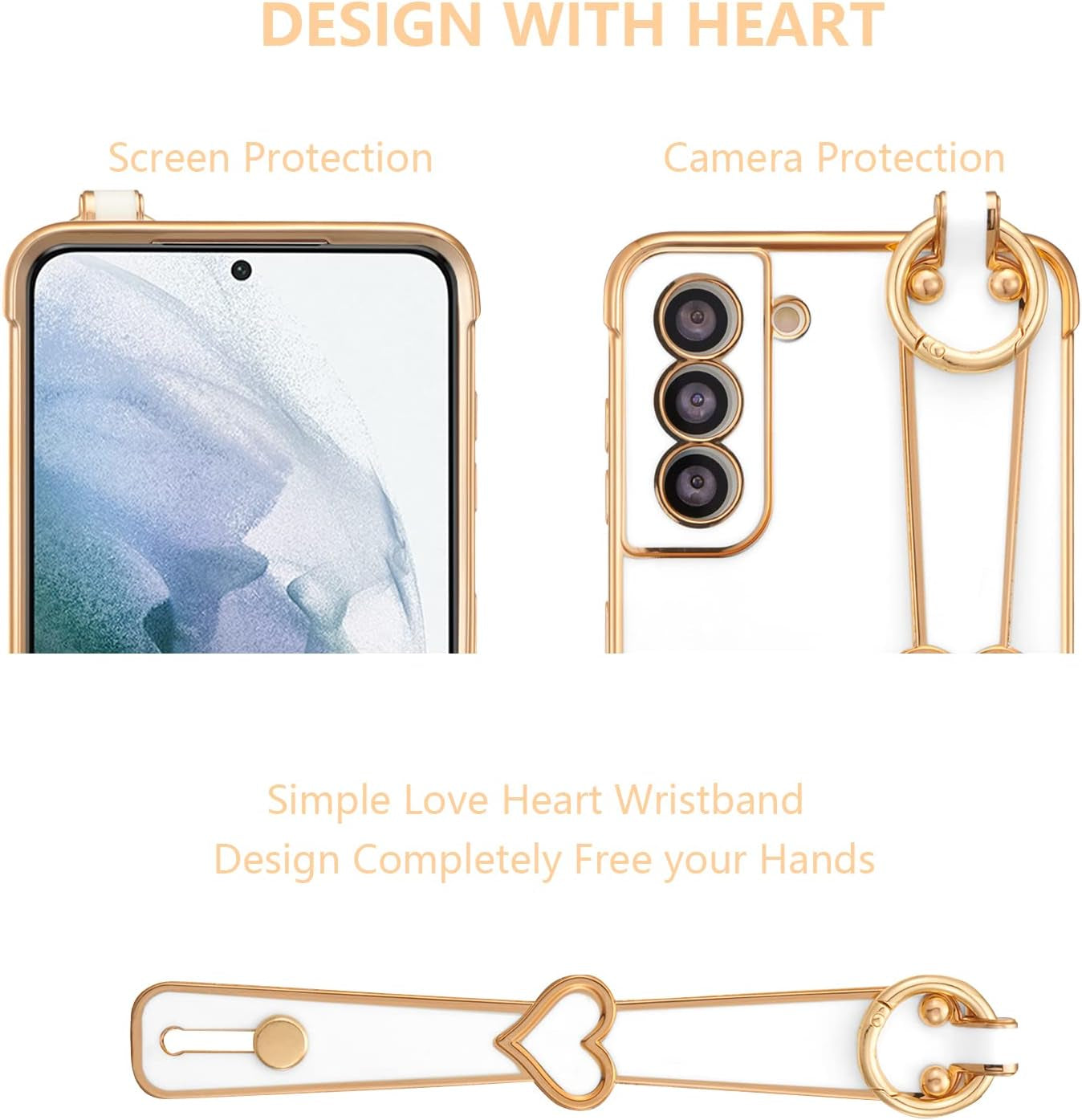 ZTOFERA Designed for Samsung Galaxy S21 plus 5G Case with Wristband,Plating Edge Love Hearts Pattern Hand Strap Finger Holder Kickstand Case,Soft Shockproof Cover for Girls Women,White  ZTOFERA   