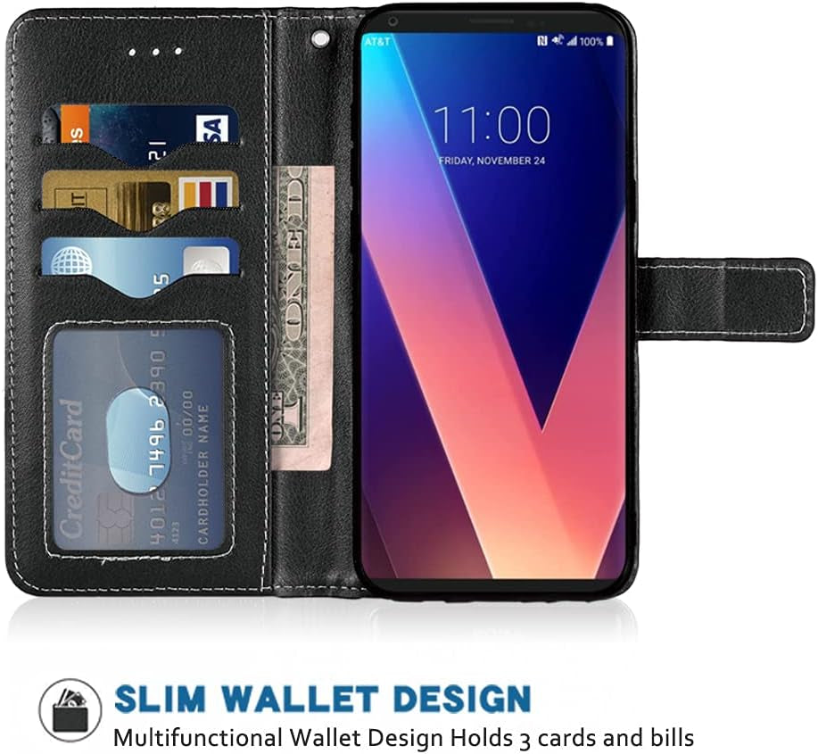 FDCWTSH Compatible with LG V35 Thinq V30 plus Wallet Case Wrist Strap Lanyard Leather Flip Cover Card Holder Stand Cell Accessories Phone Cases for LGV30 LGV35 LG30 LG35 V 30 35 V30+ V30S H931 Black  FDCWTSH   