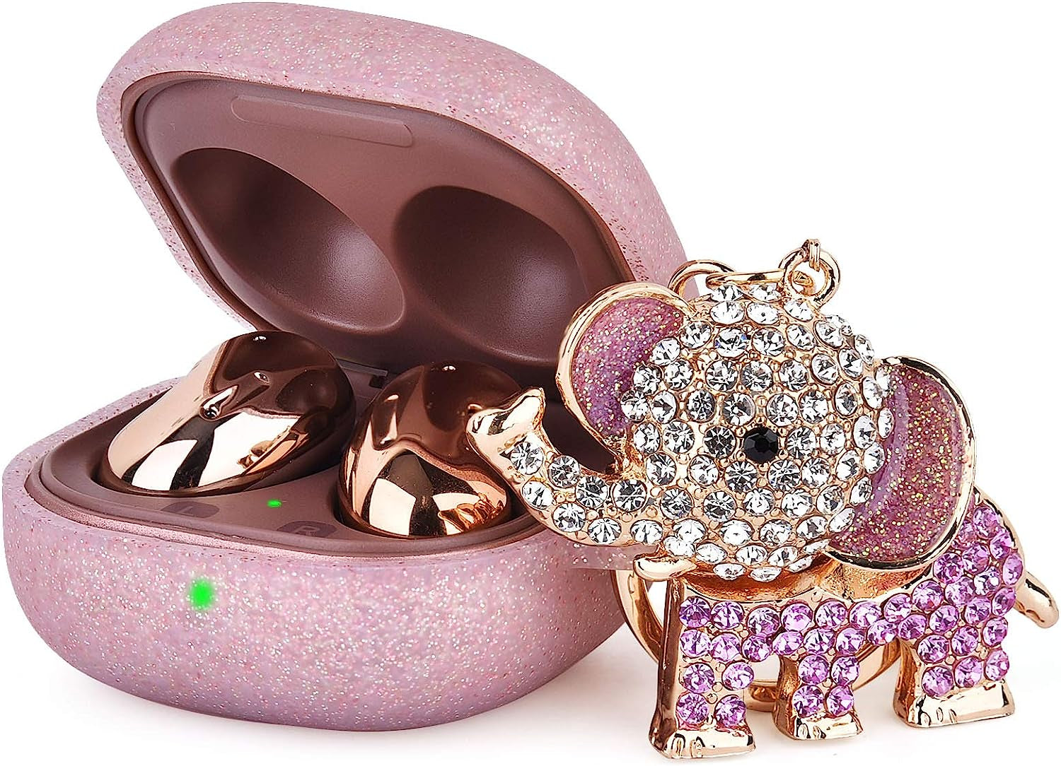 MOFREE Silicone Case Designed for Samsung Galaxy Buds 2/Buds Pro/Buds Live/Buds 2 Pro, Soft Carrying Protective Case Cover with Cute Bling Elephant Keychain for Women Girls (Glittery Rose Gold)  MOFREE   