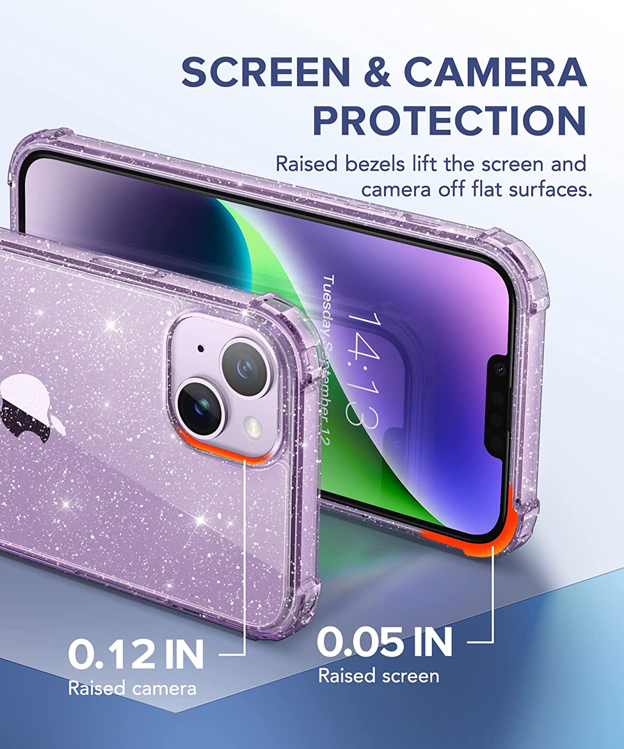 BERFY for Iphone 14 Case Glitter, with 2X Screen Protector + 2X Camera Lens Protector, [Not Yellowing] Sparkly Crystal Shockproof Hard Back Slim Protective Phone Cover for Women Girls (Clear Purple)  BERFY   