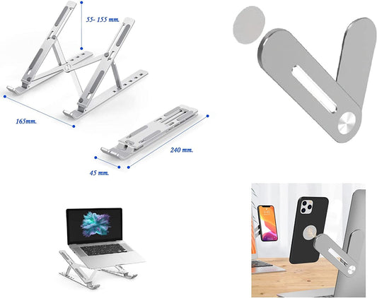 Pack of 2 Aliminum Laptop Stand and Phone Magnetic Portable 7-Level Height Adjustable , Ergonomic Foldable Computer with Phone Holder Compatible with 10-15.6''Laptops and Tablets (Silver) Magnet  generic   