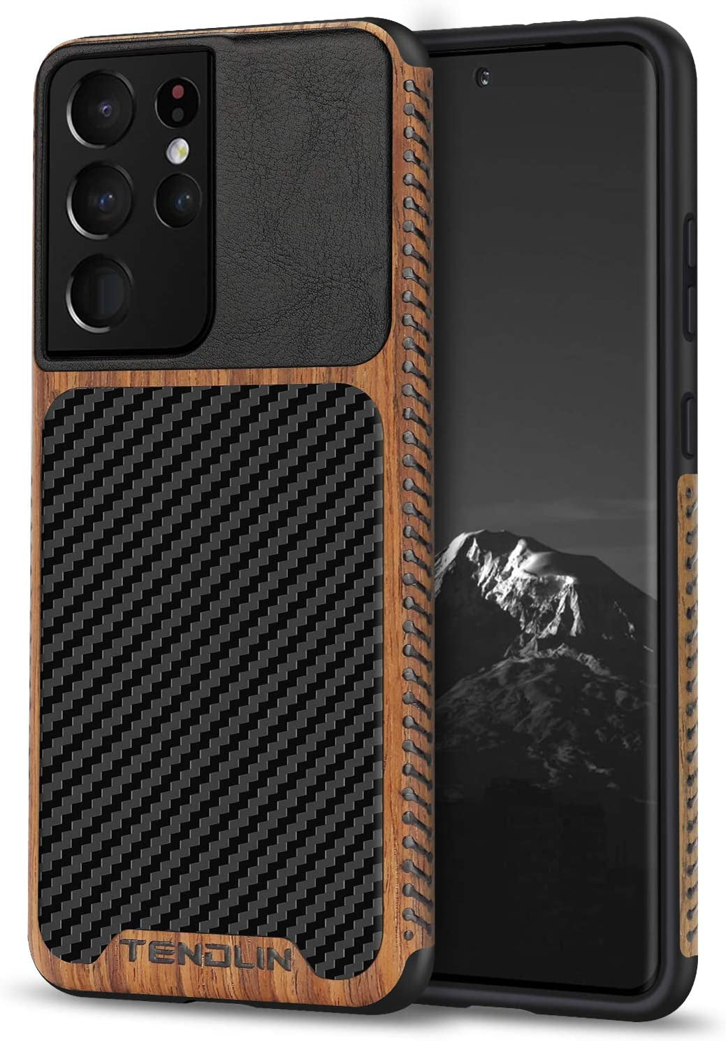 TENDLIN Compatible with Samsung Galaxy S21 Ultra Case Wood Grain with Carbon Fiber Texture Design Leather Hybrid Case (Black)  TENDLIN   