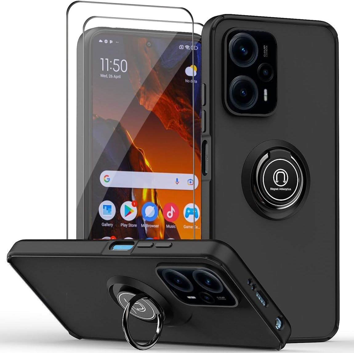 QUIETIP Case Compatible with Xiaomi Poco F5 5G with Screen Protector,Tpu + Hard PC Shockproof Magnetic Ring Car Mount Holder Bumper Cover,Blue  QUIETIP Black 6.67 Inches 