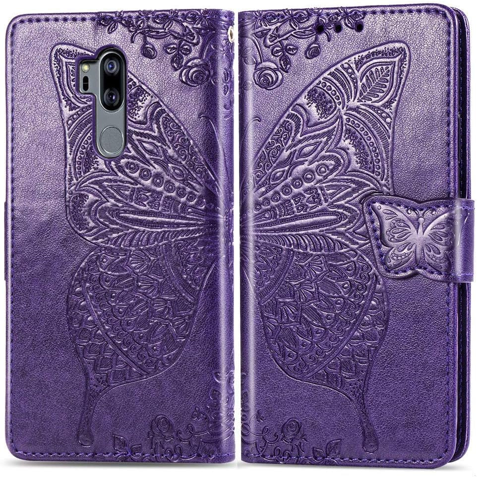 LHYIN LG G7 Case,Flip Wallet PU Leather Embossed Flower Butterfly Case Folding Kickstand Cover with Card Slots for LG G7 Thinq/Lg G7 [Purple]  LHYIN   
