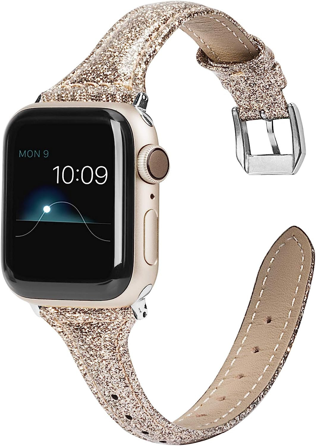 Wearlizer Rose Gold Leather Compatible with Apple Watch Leather Bands 38Mm 40Mm 41Mm Womens for Iwatch Series 8 7 6 5 4 3 2 1 SE Shiny Slim Smooth Wristband Bling Glitter Strap (Gold Clasp)  Wearlizer Gold-Normal Jewelry Gold 38/40/41mm 