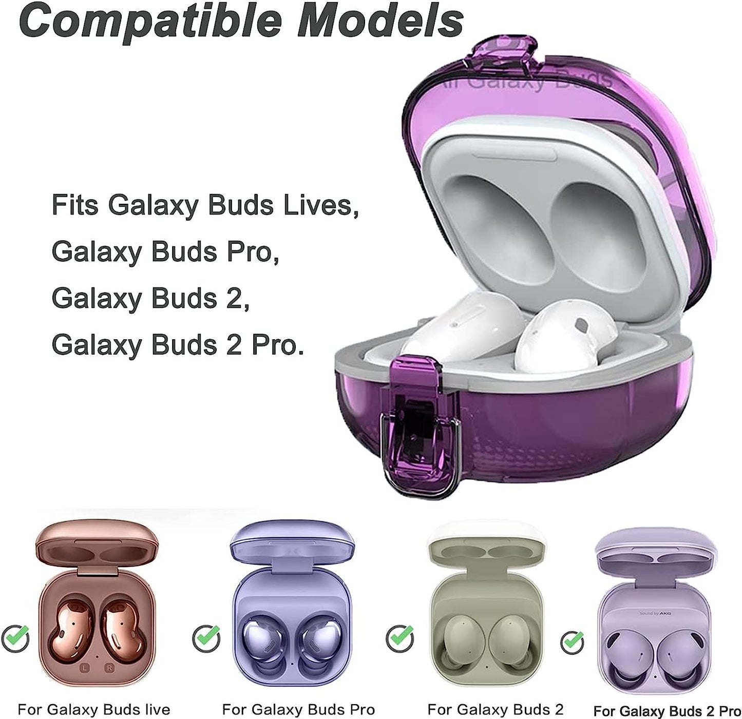 Miimall [Upgrade Secure Lock] Case Compatible for Samsung Galaxy Buds 2/Galaxy Buds Pro 2/ Galaxy Buds Live/Galaxy Buds Pro Case with Lanyard &Carabiner Accessories, Clear Replacement Case (Purple)  Miimall   