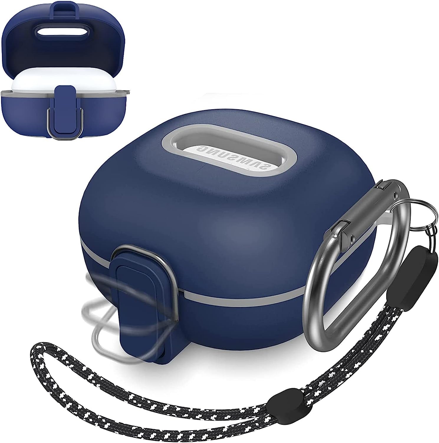 [Upgrade Secure Lock] Case for Samsung Galaxy Buds 2 Pro/Galaxy Buds 2/Galaxy Buds Pro/Galaxy Buds Live, Shock-Absorbing Protective Armor Cover TPU Hard Shell with Carabiner & Lanyard(Blue)  VAEKNVG   