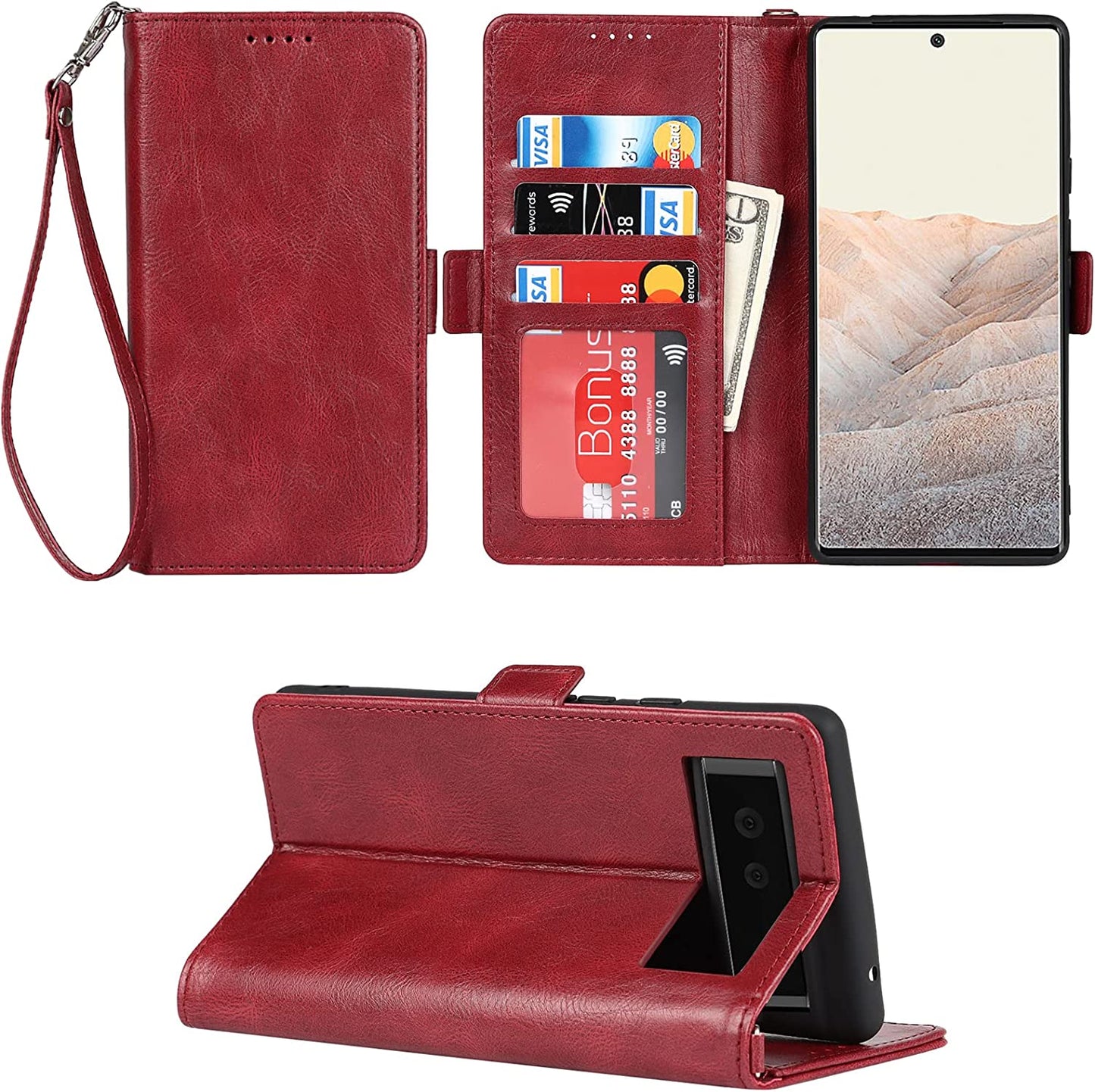 Ｈａｖａｙａ Google Pixel 6 Pro 5G 6.7" Case Zipper Wallet- with 6 Card Holder [RFID Blocking]- Detachable 2-In-1-Wristband Lanyard - for Women and Men-Wireless Charger Compatible Flip Folio Cover-Purple  Ｈａｖａｙａ Red Google Pixel 6 5G 