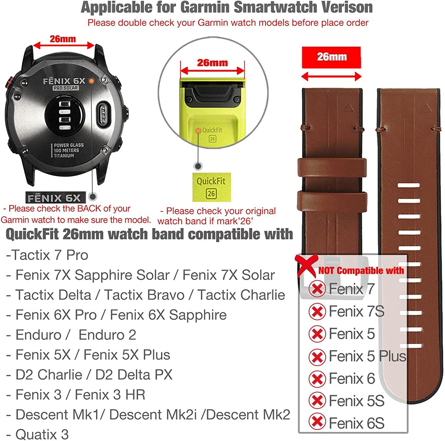 Abanen for Garmin Fenix 7X / Fenix 6X / Fenix 5X Watch Band, Quick Easy Fit 26Mm Soft Genuine Leather Hybrid Silicone Sweatproof Wristband Strap for Fenix 5X Plus,Tactix Delta,Fenix 3,Enduro  Abanen   