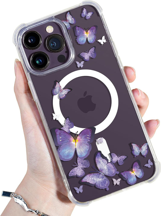 GVIEWIN for Iphone 14 Pro Max Case Compatible with Magsafe, [Screen Protector + Camera Lens Protector][Mil-Grade Protection] Magnetic Floral Clear Shockproof Women Max Phone Case(Butterfly)  GVIEWIN   