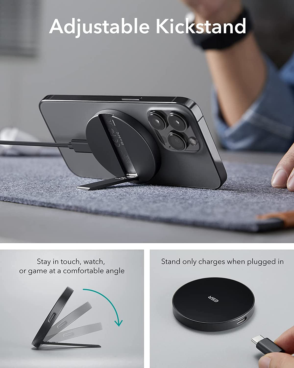 ESR Magsafe Charger (Halolock),Wireless Charger Kickstand, Magsafe Charger for Iphone 14/14 Plus/14 Pro/14 Pro Max and Iphone 13/12 Series, with 5Ft Removable Cable, Adapter Not Included, Black  Electronic Silk Road Corp   