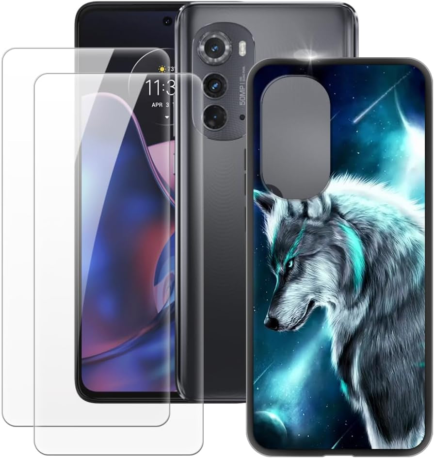 MILEGAO Motorola Edge 2022 Case + 2PCS Screen Protector Tempered Glass, Ultra Thin Bumper Shockproof Soft TPU Silicone Cover for Motorola Edge Gen.3 (6.6”) Rose  MILEGAO Wolf 3  