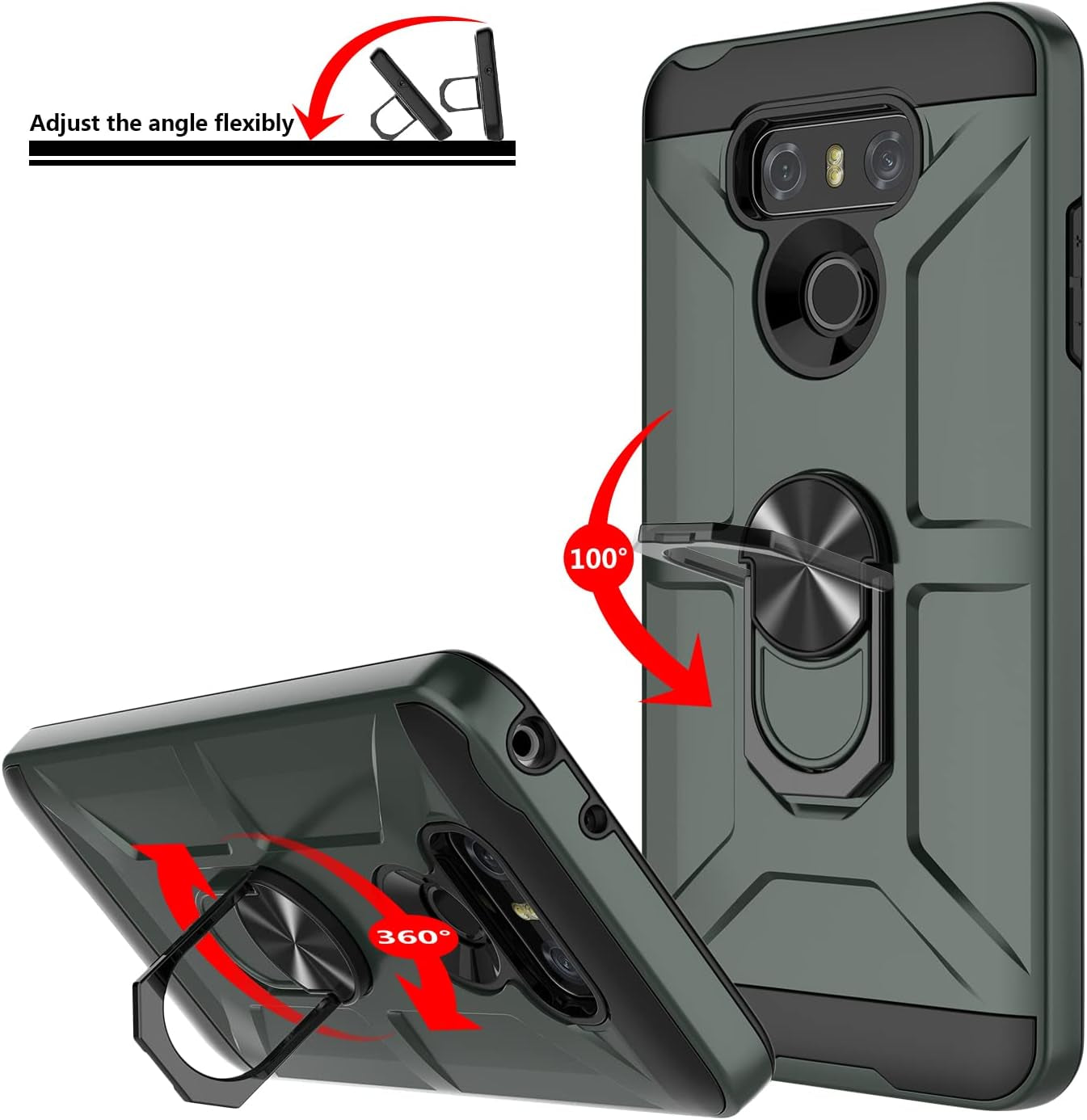 GAMEMIUZ LG G6 Case, LG G6 Case with [3X Tempered Glass Screen Protector], Built-In Ring Kickstand and Magnetic Car Mount Shockproof Dropproof Military Grade Armor Rugged Case for LG G6 - Dark Green  Gamemi   