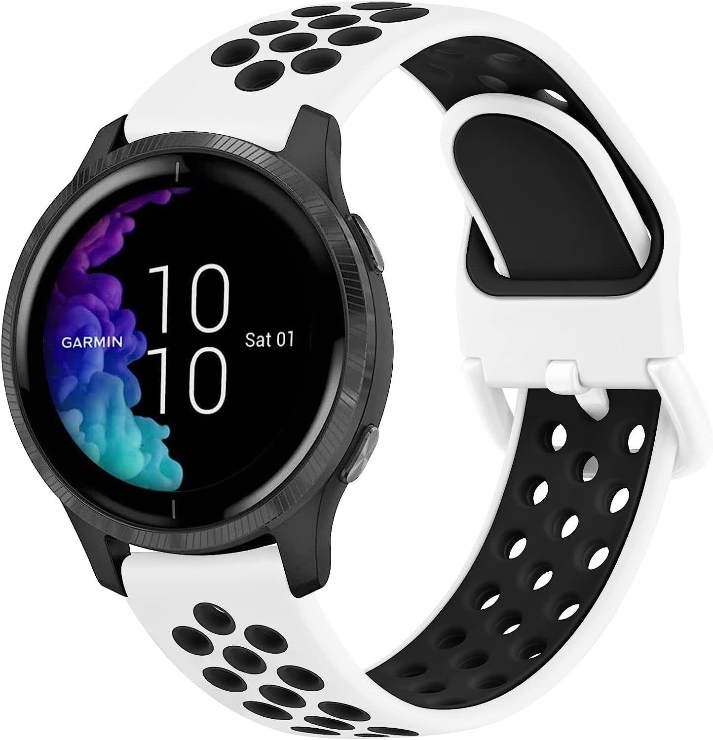 Wanme Sport Band for Garmin Venu / Venu Sq / Vivoactive 3 Watch Bands, 20Mm Adjustable Soft Silicone Replacement Wristband Strap for Garmin Vivoactive 3 Music, Forerunner 645 / 245 Music, Samsung Galaxy Watch 4  Wanme White Black Small 