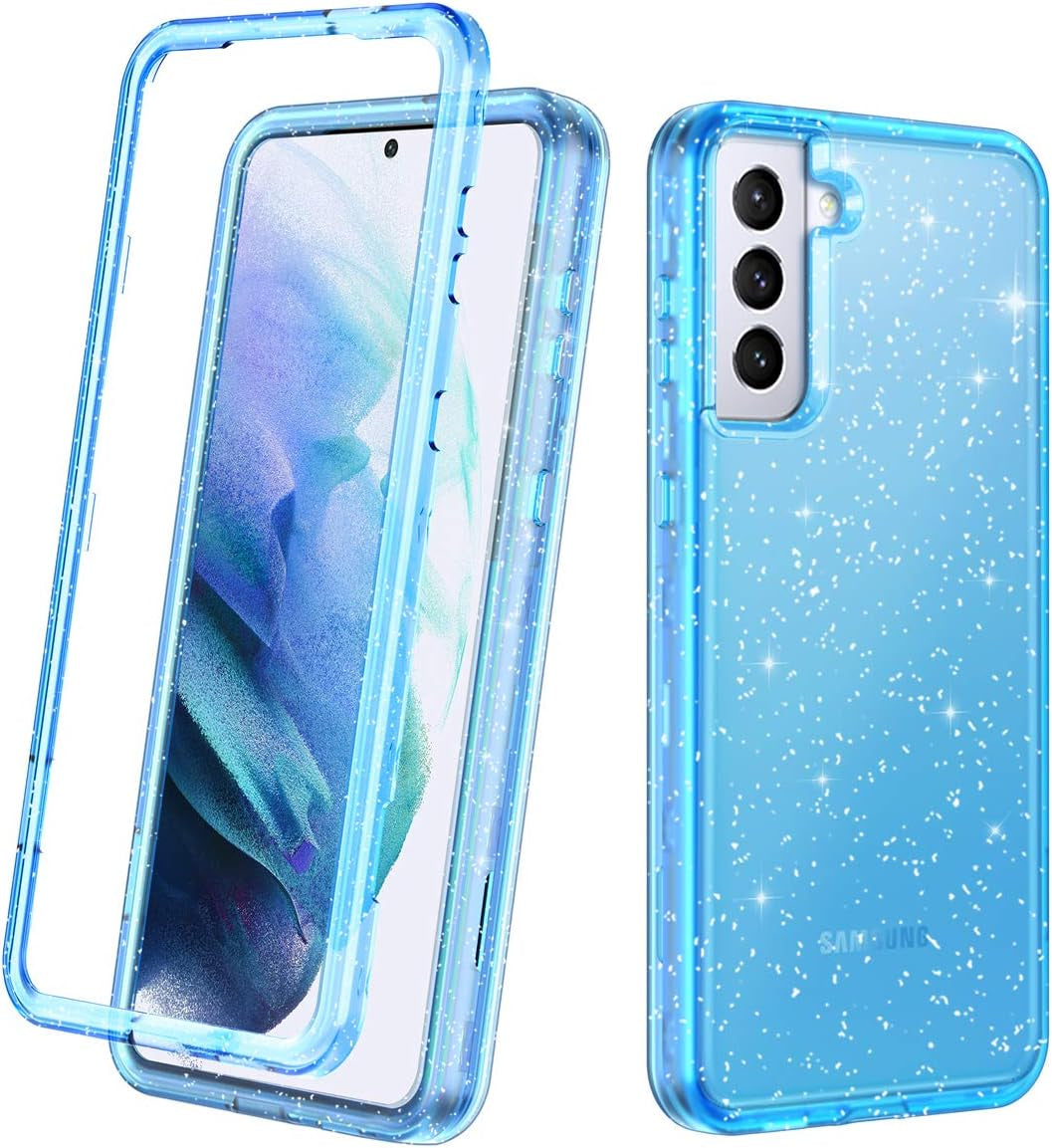 Lamcase for Galaxy S21 plus 5G Case, Heavy Duty Shockproof Hybrid Hard PC Soft TPU Bumper Three Layer Drop Protection Anti-Fall Cover for Samsung Galaxy S21+/S21 plus 5G 6.7 Inch, Blue Gilt  Lamcase Blue Clear/Glitter  
