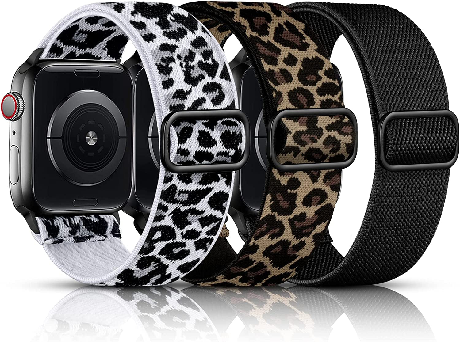 Daqin 3 Pack Stretchy Nylon Solo Loop Band Compatible with Apple Watch Band 41Mm 45Mm 38Mm 40Mm 42Mm 44Mm 49Mm, Adjustable Elastic Braided Straps for Apple Watch Ultra Iwatch Series 8/7/6/5/4/3/2/1/SE  Ylire-US Black/White Leopard/Leopard 42mm/44mm/45mm/49mm 