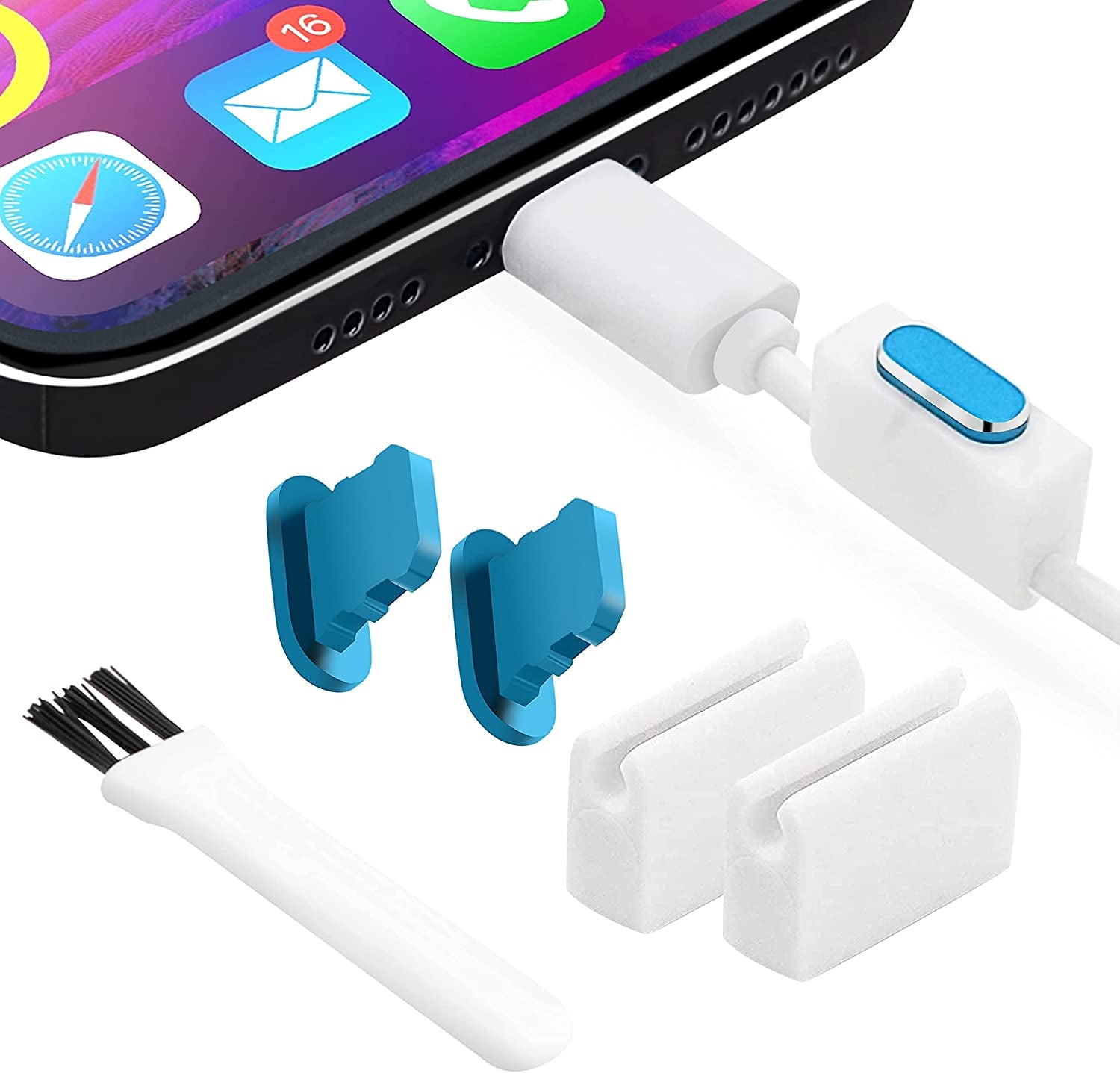 Portplugs Anti-Dust Plugs (2-Pack) Compatible with Iphone 14/13/12/11/X/XS/8/7, Plus/Max/Pro/Mini, Ipad - Aluminum, Includes 2 Holders & Cleaning Brush (Black)  PortPlugs SkyBlue  