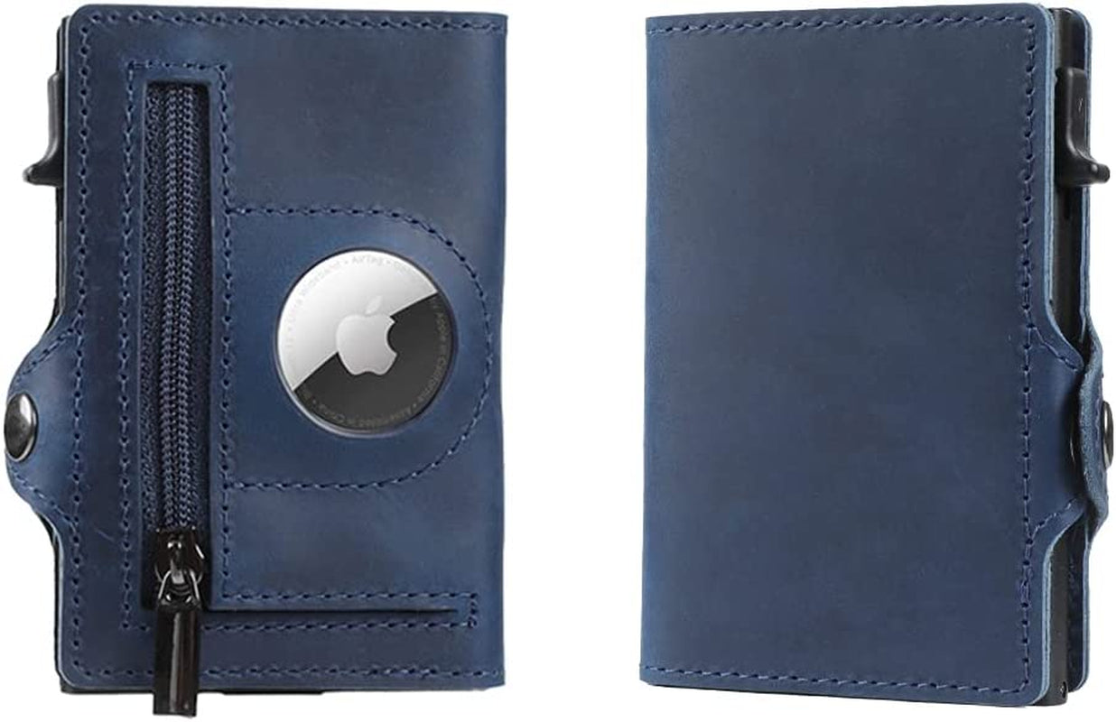 Airtag Wallet Genuine Premium Leather Credit Card Money Holder Airtag Cover Air Tag Case Automatic Pop up Wallet Aluminum Slim Pocket Bifold (Carbon Fiber)  Generic Blue  