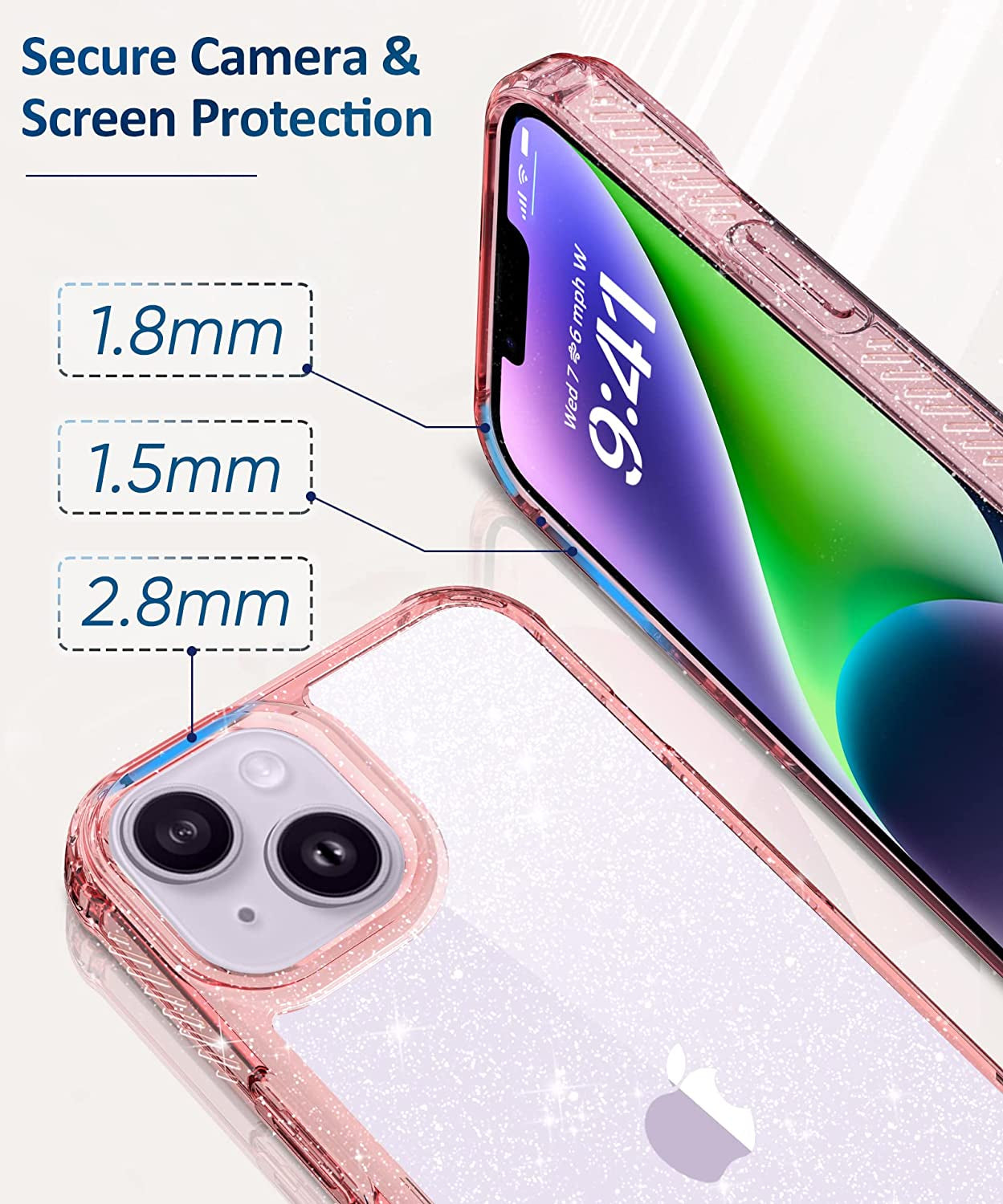 MIODIK Compatible with Iphone 14 Case with Screen Protector + Camera Lens Protector, Non Yellowing Clear Glitter Protective Phone Case, Women Girls Cover for Iphone 14 6.1 Inch 2022 - Sparkle Pink  MIODIK   