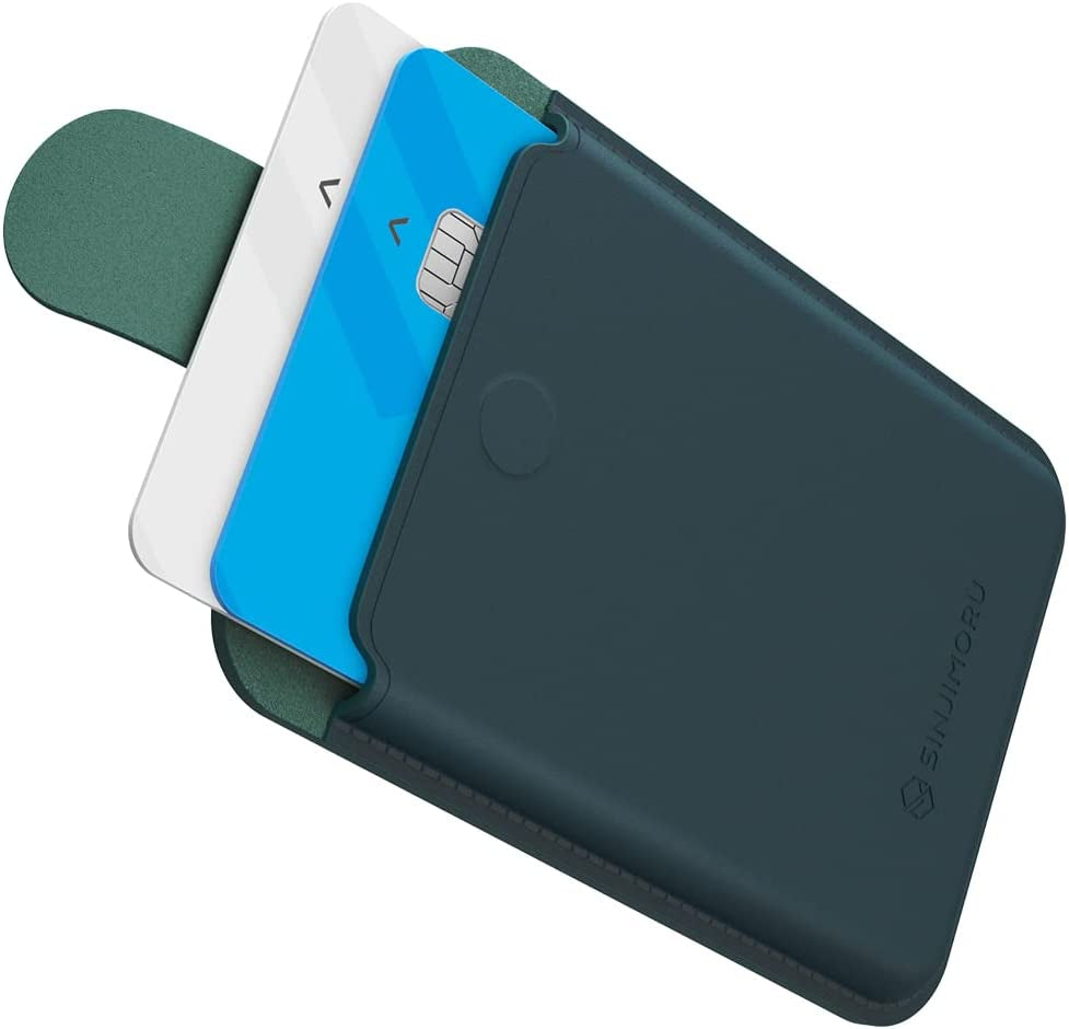 Sinjimoru Comb-Pattern Phone Grip Wallet for Magsafe, Vegan Leather Magnetic Cell Phone Card Holder & Wool Band Strap as Credit Card Case for Iphone 12 13 14 plus Pro Max. M-Pull Tab Band Black  Sinjimoru Co.Ltd Wallet Marine Blue  