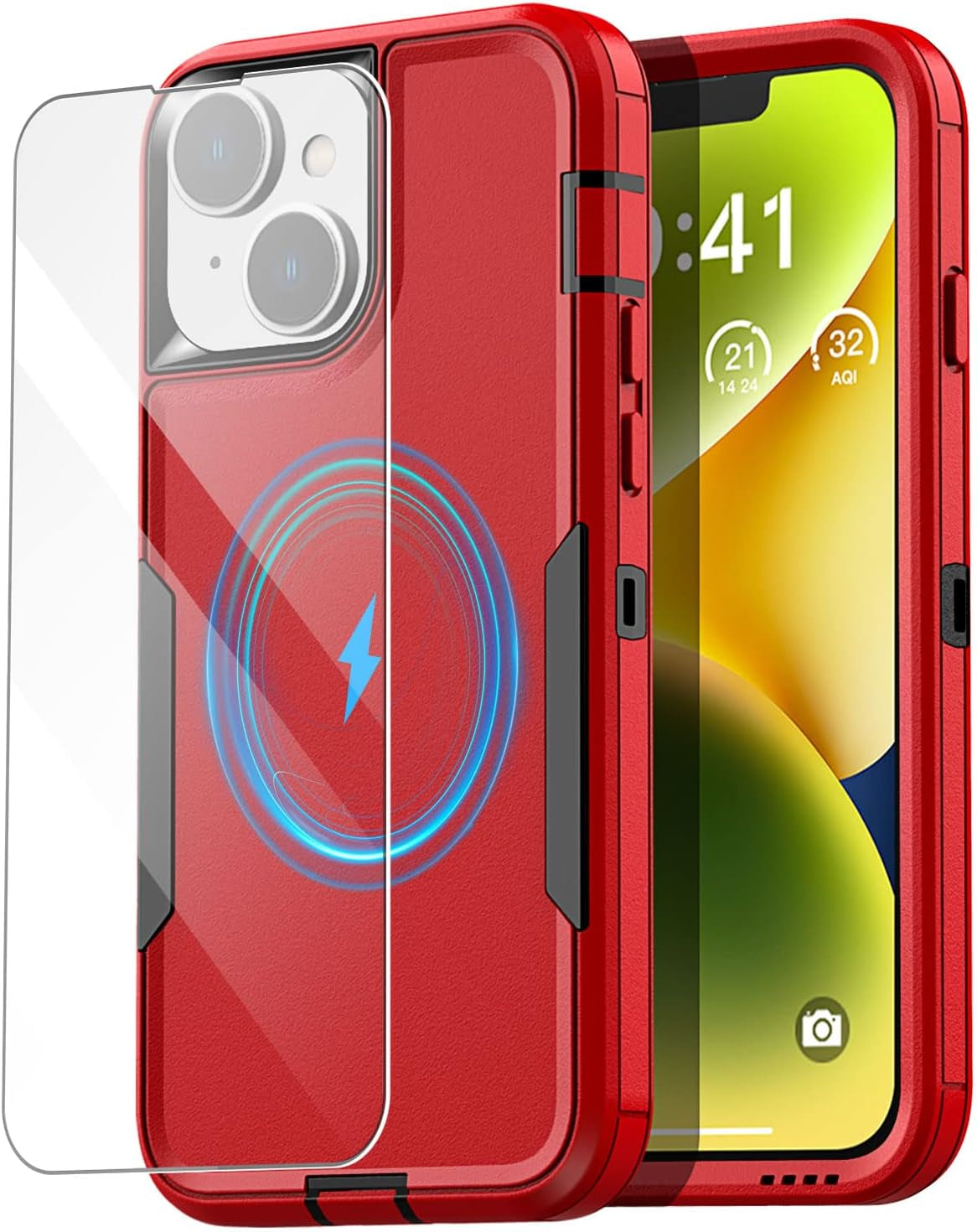 Aicase Magnetic Case for Iphone 14 Plus,Support Magnetic Car Mount Heavy Duty 2-Layer Pocket-Friendly Durable Military Grade Protection Shockproof/Dropproof Protective Cover for Iphone 14 plus 6.7"_1  AICase Red With Glass Protector_Magsafe Function  