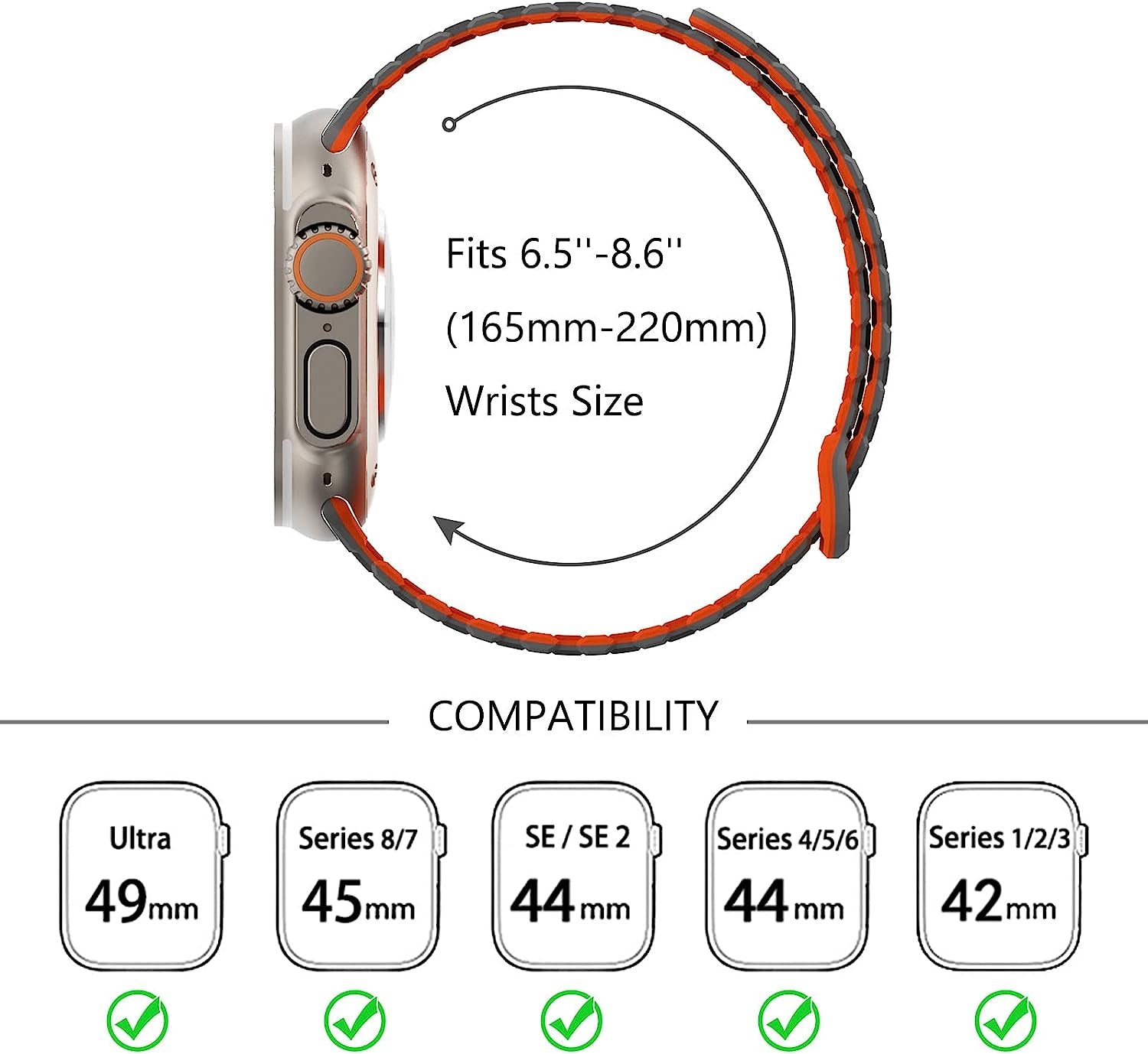 WINGLE for Apple Watch Ultra Band 49Mm Series 8 Series 7 45Mm 44Mm 42Mm Men, Strong Magnetic Bands Bracelet Adjustable Silicone Sport Strap for Apple Watch SE 6 5 4 3 2 1 Iwatch Women,Grey/Orange  WINGLE   