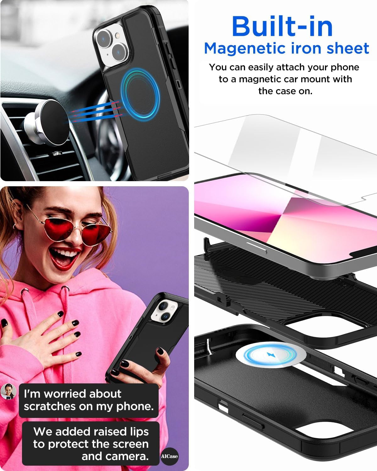 Aicase Magnetic Case for Iphone 14 Plus,Support Magnetic Car Mount Heavy Duty 2-Layer Pocket-Friendly Durable Military Grade Protection Shockproof/Dropproof Protective Cover for Iphone 14 plus 6.7"_1  AICase   